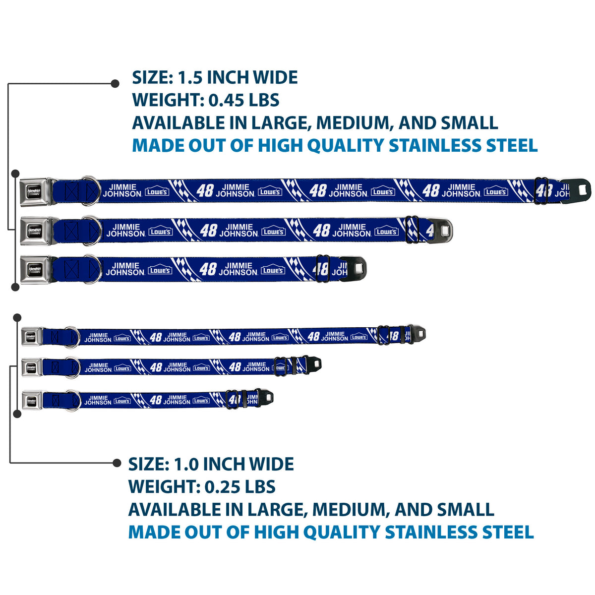 HENDRICK MOTORSPORTS Checker Logo Full Color Black/White Seatbelt Buckle Collar - JIMMIE JOHNSON #48 LOWE'S Logo Checker Blue/White Dog Collars Seatbelt Buckle Hendrick Motorsports