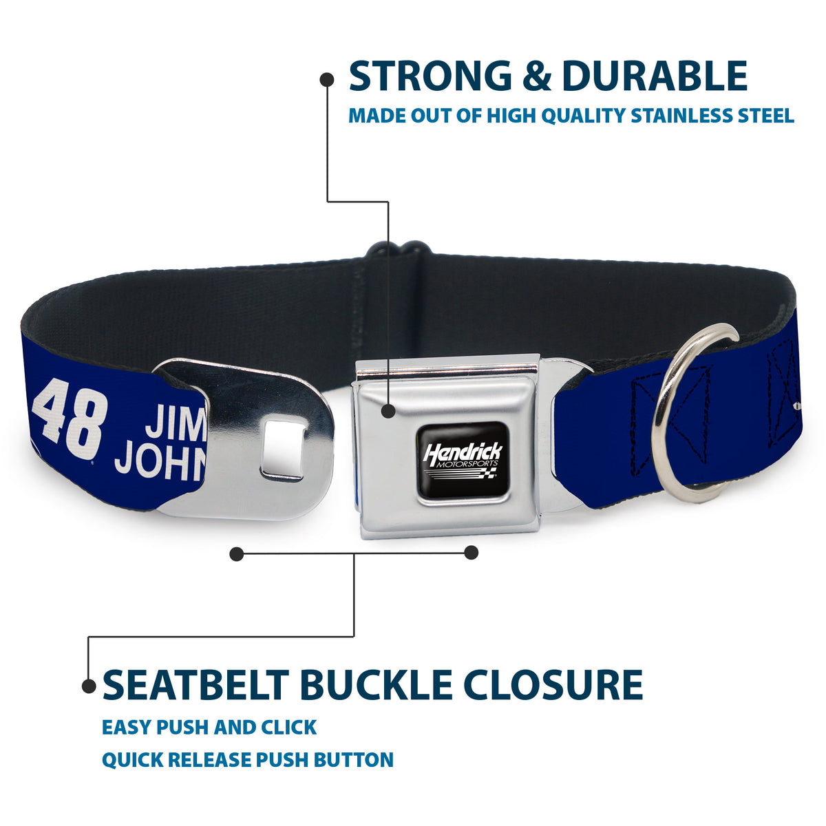 HENDRICK MOTORSPORTS Checker Logo Full Color Black/White Seatbelt Buckle Collar - JIMMIE JOHNSON #48 LOWE'S Logo Checker Blue/White Dog Collars Seatbelt Buckle Hendrick Motorsports