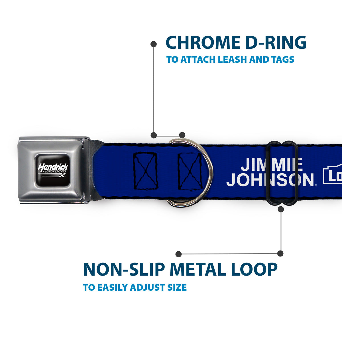 HENDRICK MOTORSPORTS Checker Logo Full Color Black/White Seatbelt Buckle Collar - JIMMIE JOHNSON #48 LOWE'S Logo Checker Blue/White Dog Collars Seatbelt Buckle Hendrick Motorsports