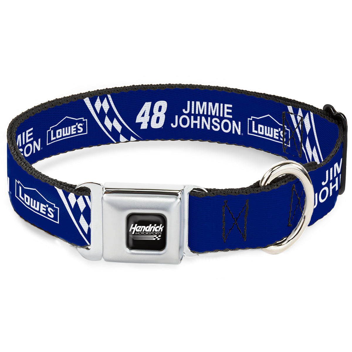 HENDRICK MOTORSPORTS Checker Logo Full Color Black/White Seatbelt Buckle Collar - JIMMIE JOHNSON #48 LOWE'S Logo Checker Blue/White Dog Collars Seatbelt Buckle Hendrick Motorsports