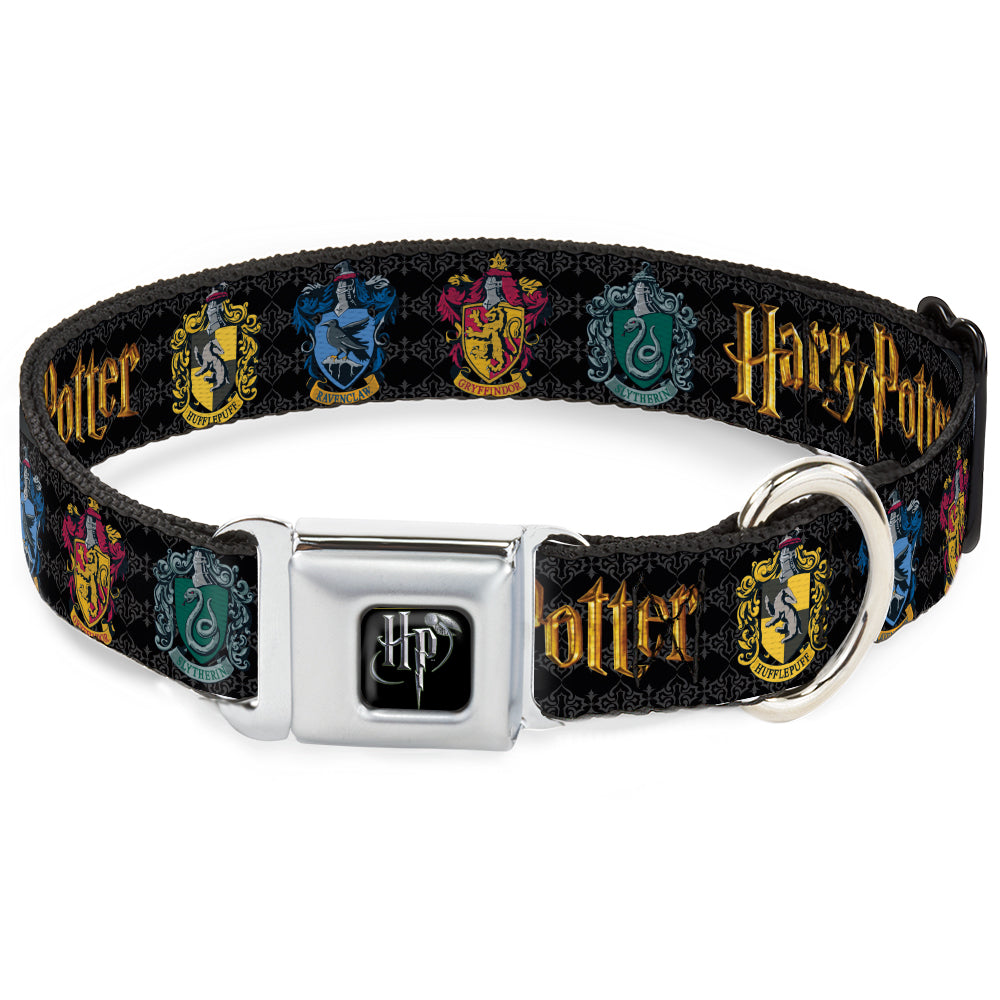 Harry Potter Logo Full Color Black/White Seatbelt Buckle Collar - HARRY POTTER Hufflepuff/Ravenclaw/Gryffindor/Slytherin Coat of Arms Black Dog Collars Seatbelt Buckle Harry Potter
