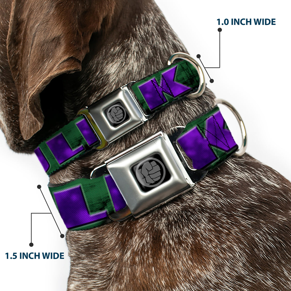 MARVEL AVENGERS Hulk Avengers Icon Black Silver Seatbelt Buckle Collar - HULK Face CLOSE-UP/Action Pose Greens/Purples Dog Collars Seatbelt Buckle Marvel Comics