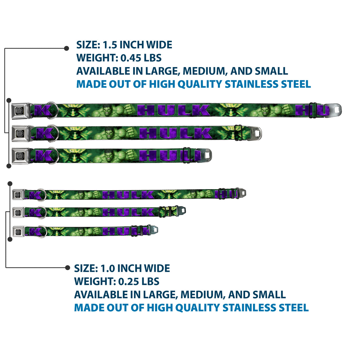 MARVEL AVENGERS Hulk Avengers Icon Black Silver Seatbelt Buckle Collar - HULK Face CLOSE-UP/Action Pose Greens/Purples Dog Collars Seatbelt Buckle Marvel Comics
