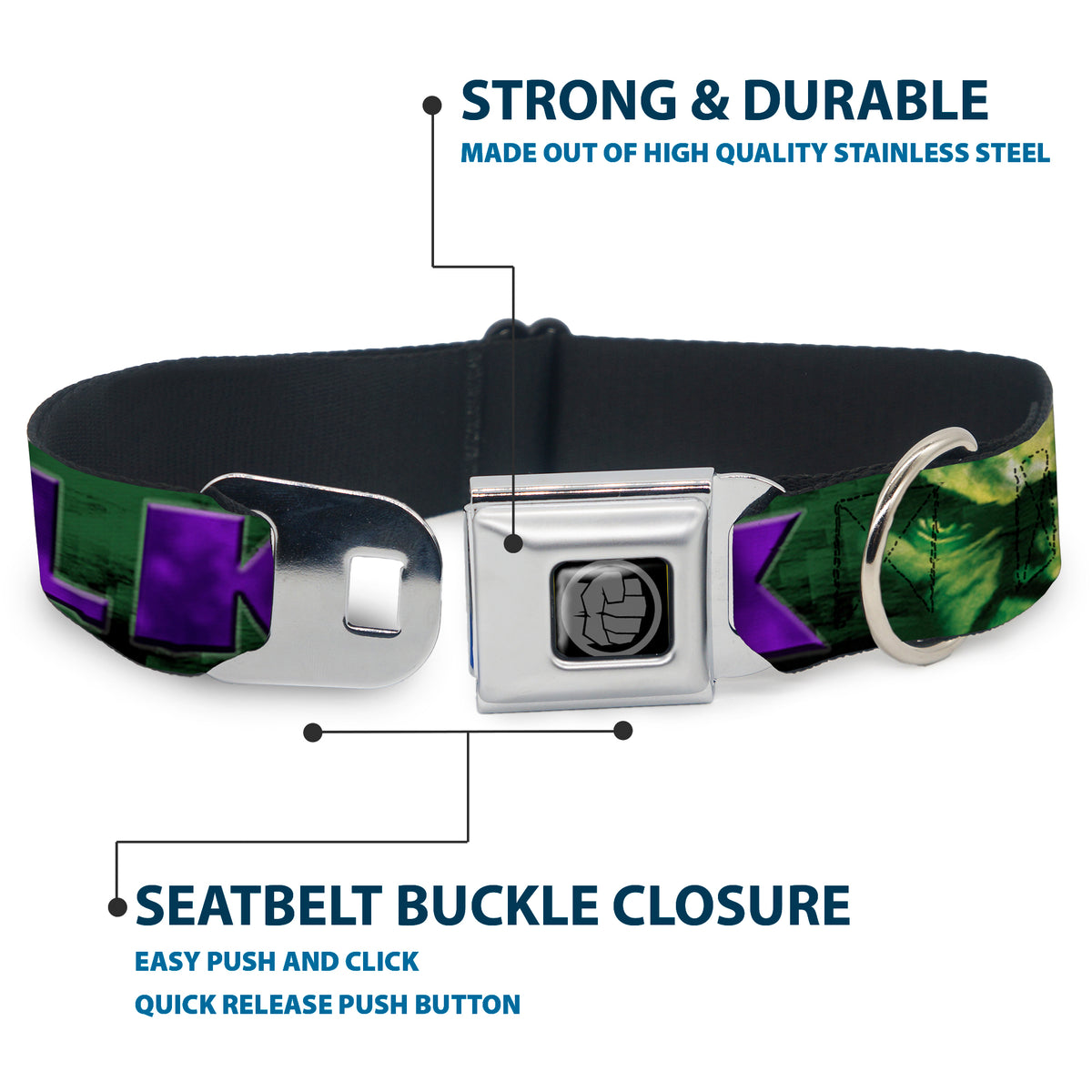 MARVEL AVENGERS Hulk Avengers Icon Black Silver Seatbelt Buckle Collar - HULK Face CLOSE-UP/Action Pose Greens/Purples Dog Collars Seatbelt Buckle Marvel Comics