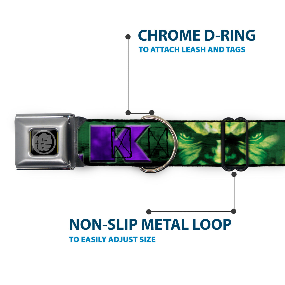 MARVEL AVENGERS Hulk Avengers Icon Black Silver Seatbelt Buckle Collar - HULK Face CLOSE-UP/Action Pose Greens/Purples Dog Collars Seatbelt Buckle Marvel Comics