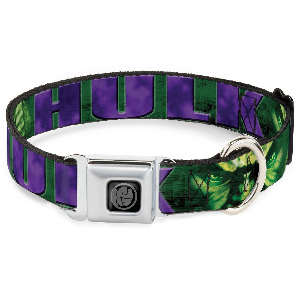 MARVEL AVENGERS Hulk Avengers Icon Black Silver Seatbelt Buckle Collar - HULK Face CLOSE-UP/Action Pose Greens/Purples Dog Collars Seatbelt Buckle Marvel Comics
