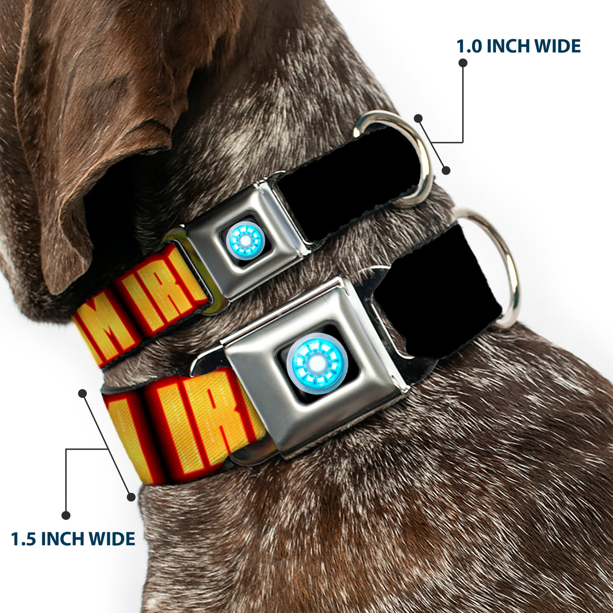 MARVEL UNIVERSE Iron Man Arc Reactor Full Color Seatbelt Buckle Collar - Iron Man Face/I AM IRON MAN Black/Yellow Glow Dog Collars Seatbelt Buckle Marvel Comics