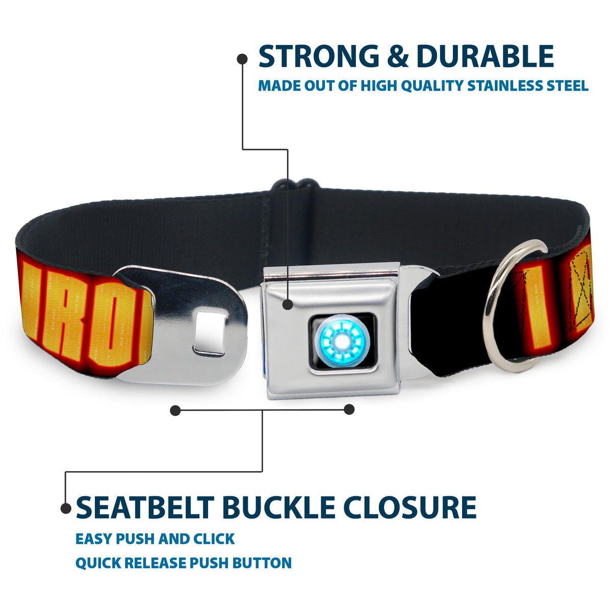 MARVEL UNIVERSE Iron Man Arc Reactor Full Color Seatbelt Buckle Collar - Iron Man Face/I AM IRON MAN Black/Yellow Glow Dog Collars Seatbelt Buckle Marvel Comics