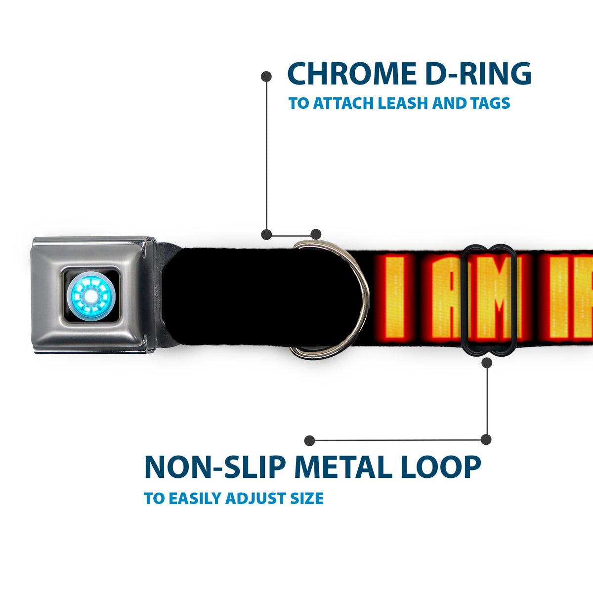 MARVEL UNIVERSE Iron Man Arc Reactor Full Color Seatbelt Buckle Collar - Iron Man Face/I AM IRON MAN Black/Yellow Glow Dog Collars Seatbelt Buckle Marvel Comics