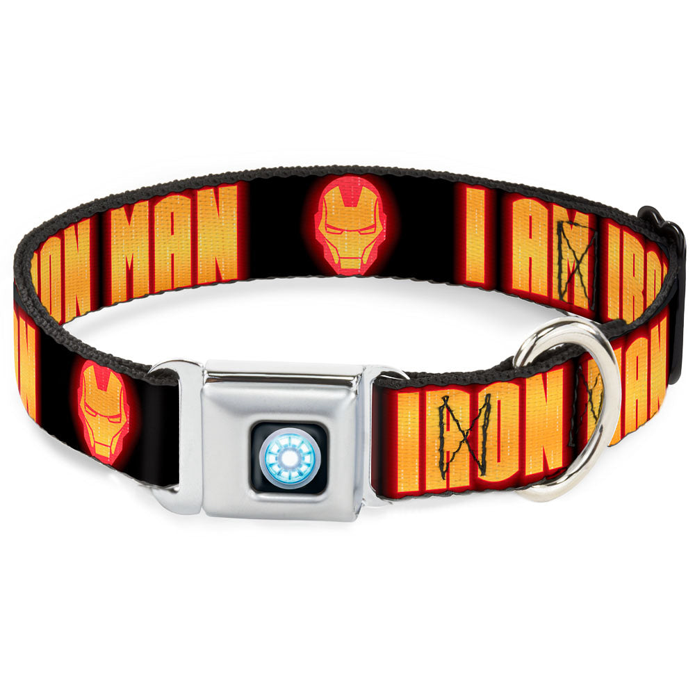 MARVEL UNIVERSE Iron Man Arc Reactor Full Color Seatbelt Buckle Collar - Iron Man Face/I AM IRON MAN Black/Yellow Glow Dog Collars Seatbelt Buckle Marvel Comics