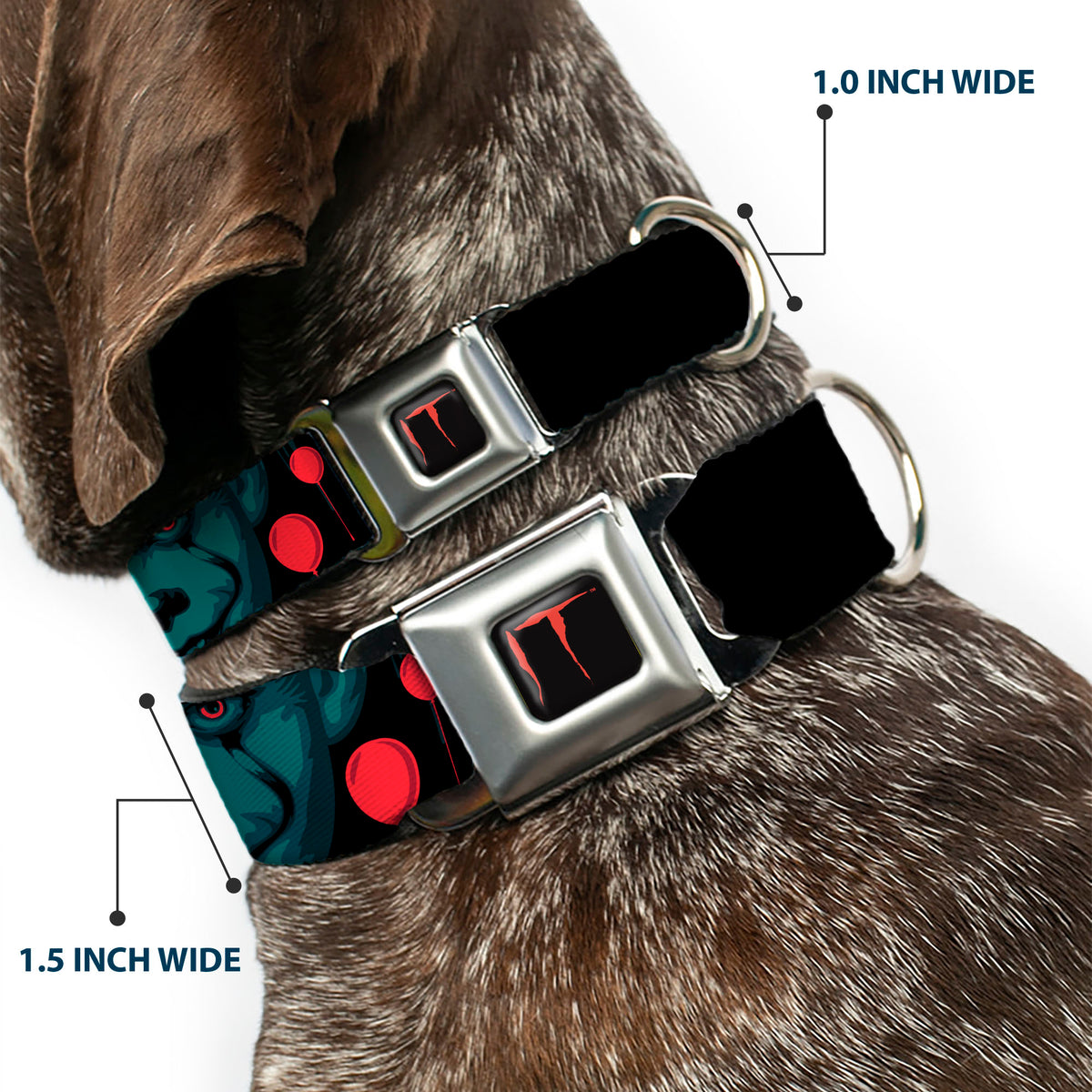 IT Title Logo Full Color Black/Red Seatbelt Buckle Collar - IT Pennywise Face and Balloons TIME TO FLOAT Black/Blues/Reds Dog Collars Seatbelt Buckle IT