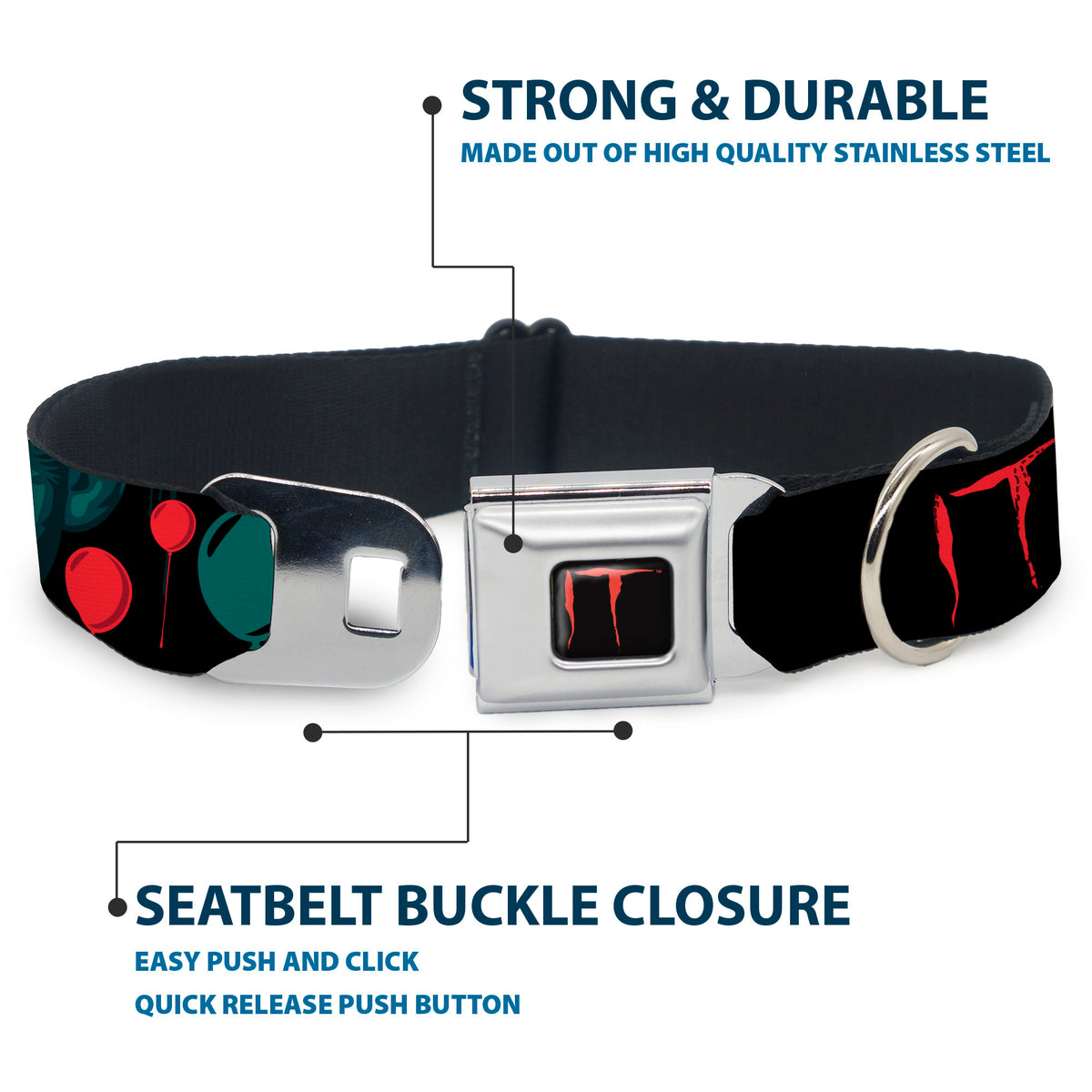 IT Title Logo Full Color Black/Red Seatbelt Buckle Collar - IT Pennywise Face and Balloons TIME TO FLOAT Black/Blues/Reds Dog Collars Seatbelt Buckle IT