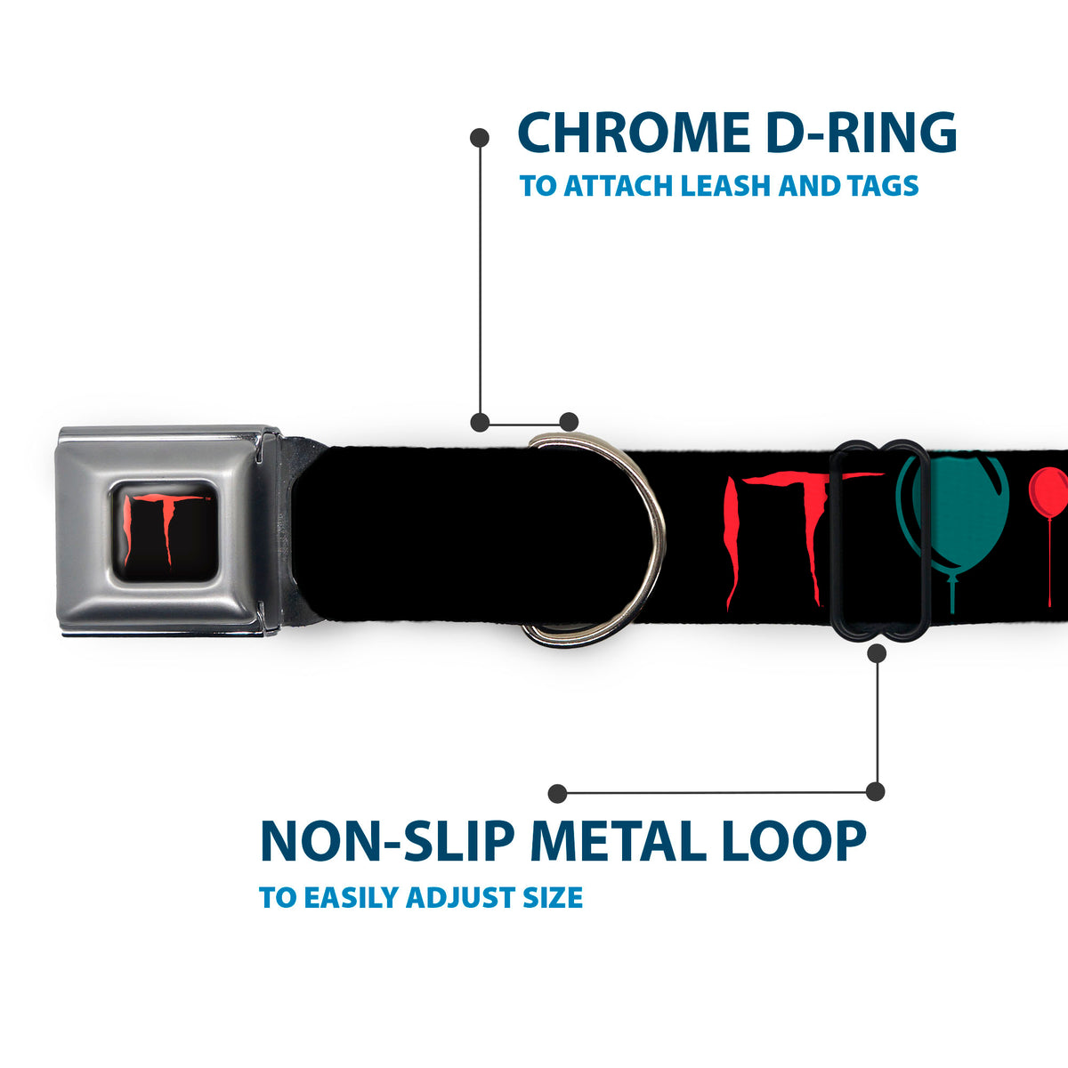 IT Title Logo Full Color Black/Red Seatbelt Buckle Collar - IT Pennywise Face and Balloons TIME TO FLOAT Black/Blues/Reds Dog Collars Seatbelt Buckle IT