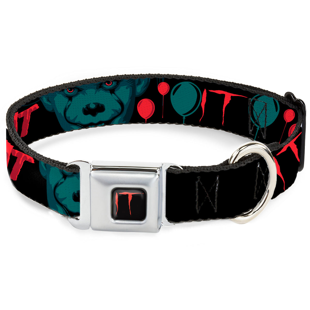 IT Title Logo Full Color Black/Red Seatbelt Buckle Collar - IT Pennywise Face and Balloons TIME TO FLOAT Black/Blues/Reds Dog Collars Seatbelt Buckle IT