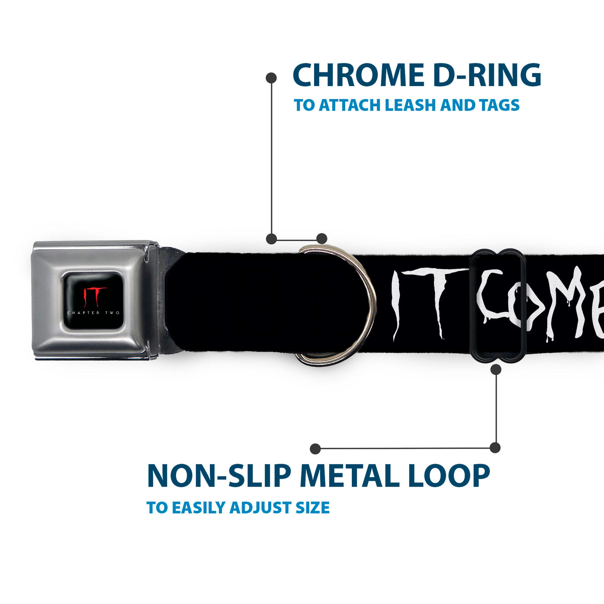 IT Title Logo Full Color Black/Red Seatbelt Buckle Collar - IT Pennywise Face Close-Up COME HOME-COME BACK AND PLAY Black/White Dog Collars Seatbelt Buckle IT