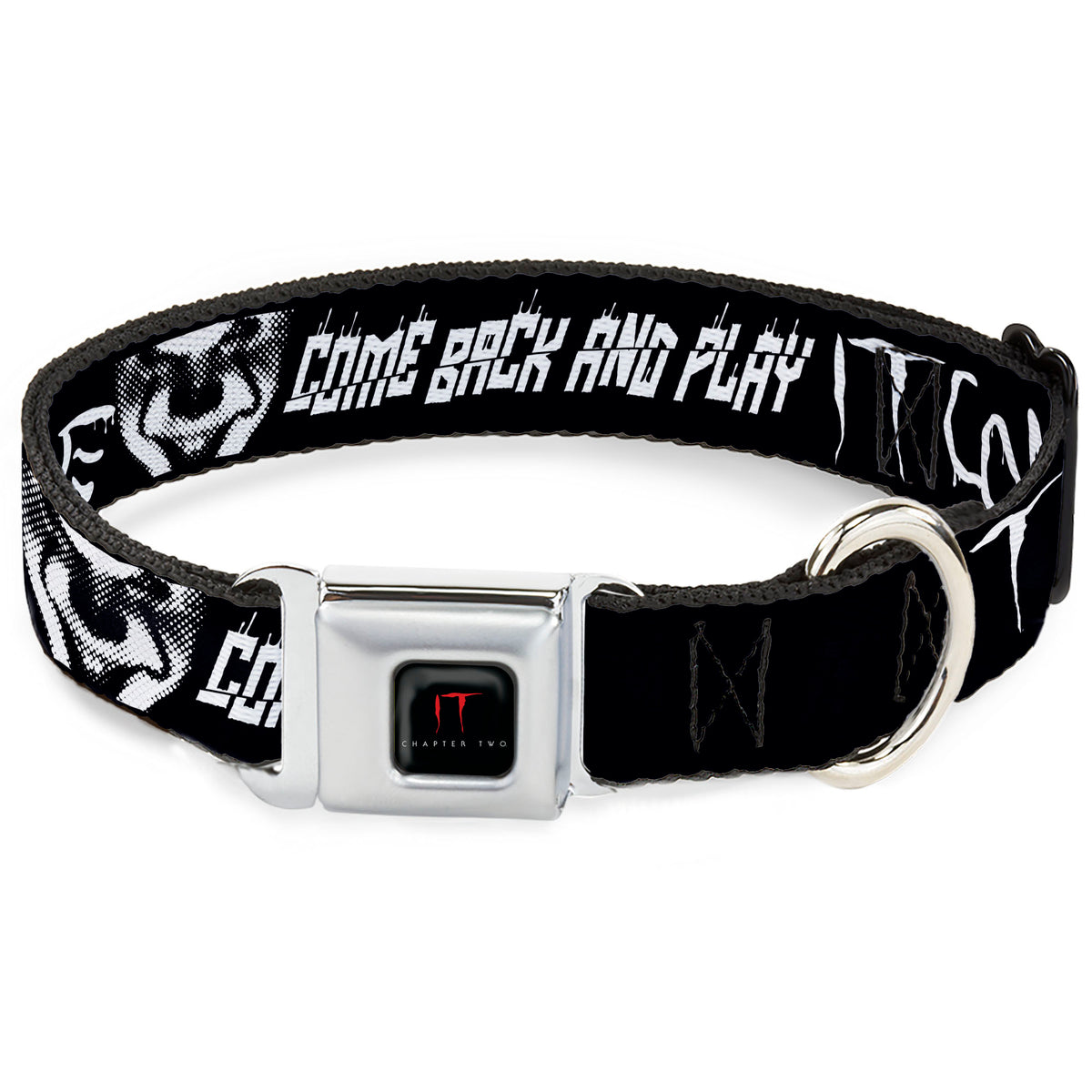 IT Title Logo Full Color Black/Red Seatbelt Buckle Collar - IT Pennywise Face Close-Up COME HOME-COME BACK AND PLAY Black/White Dog Collars Seatbelt Buckle IT