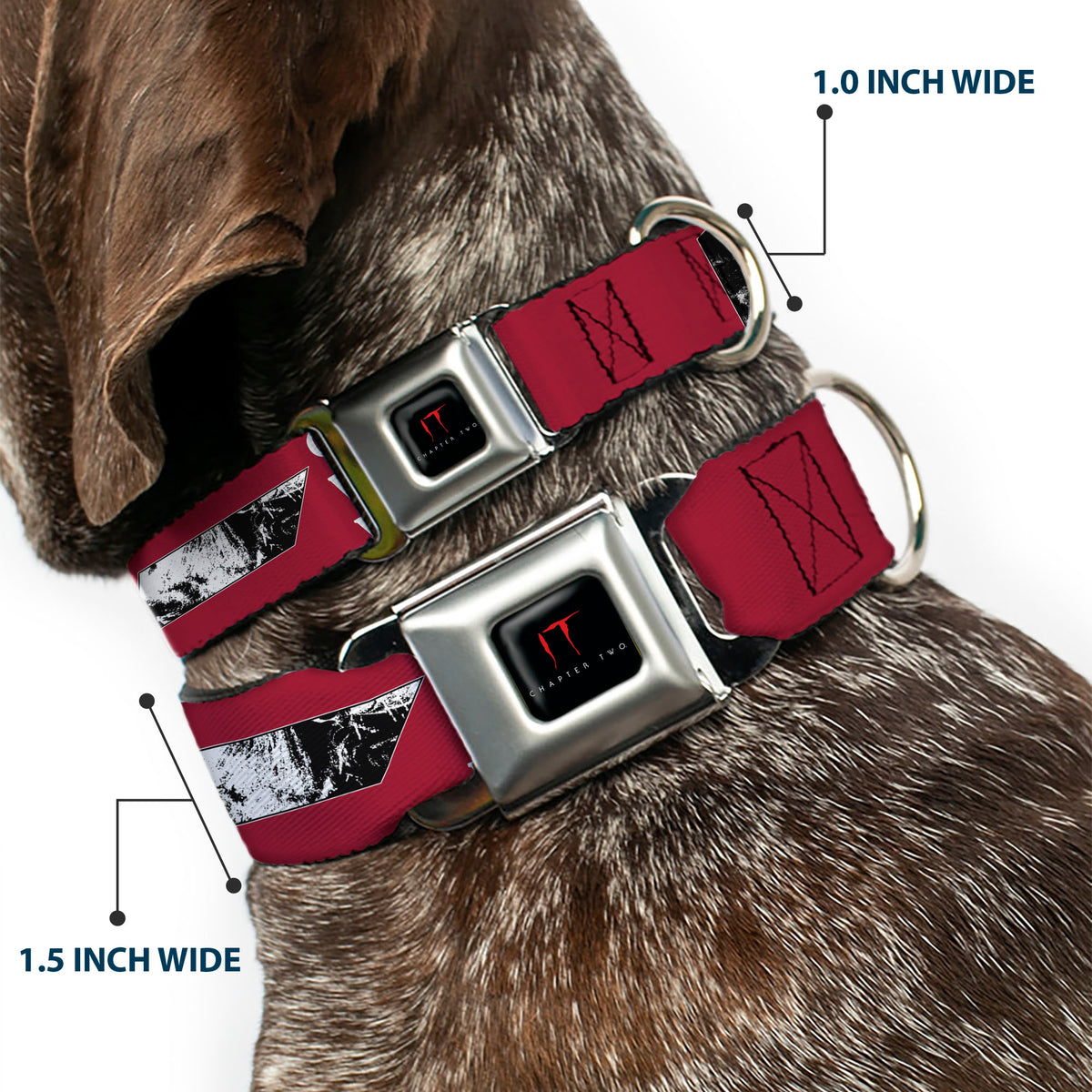 IT Title Logo Full Color Black/Red Seatbelt Buckle Collar - IT Pennywise Poses and Quotes Collage Red/White/Grays Dog Collars Seatbelt Buckle IT