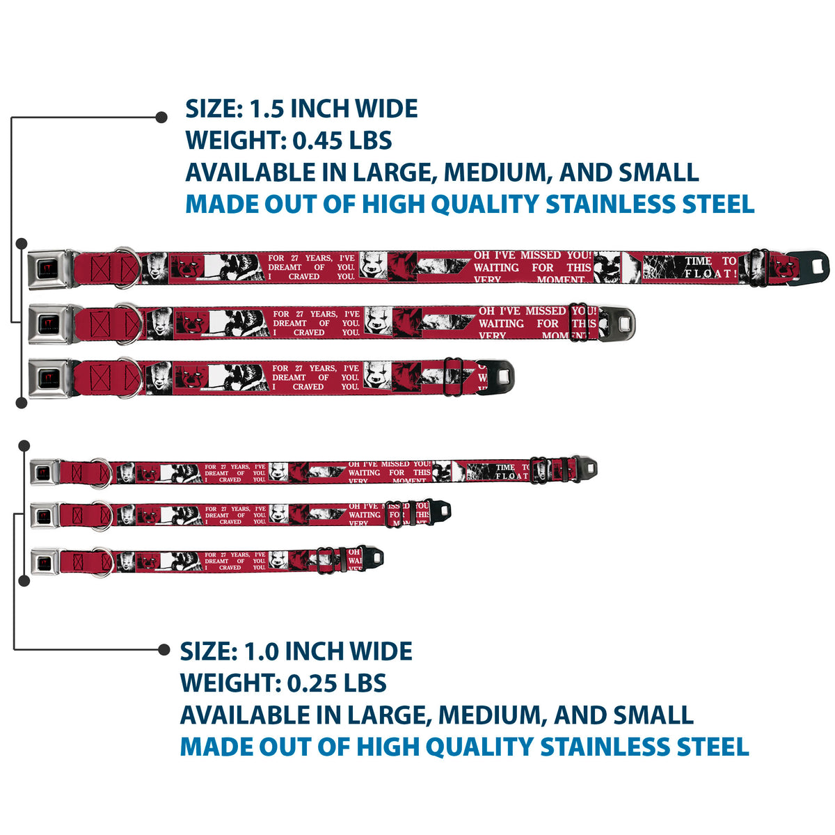 IT Title Logo Full Color Black/Red Seatbelt Buckle Collar - IT Pennywise Poses and Quotes Collage Red/White/Grays Dog Collars Seatbelt Buckle IT