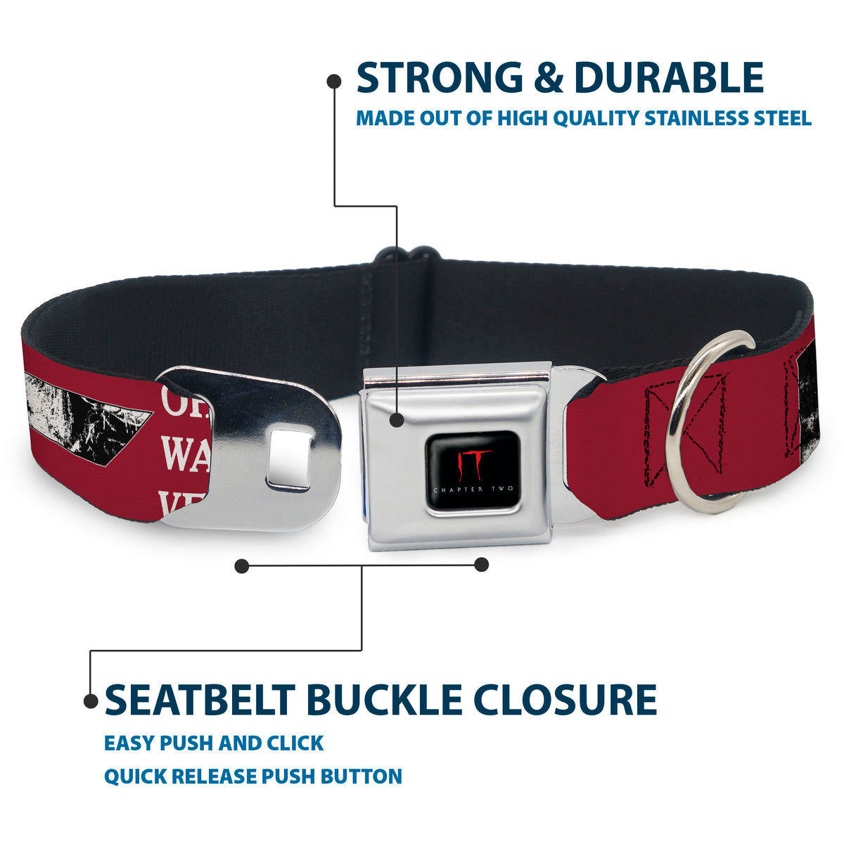 IT Title Logo Full Color Black/Red Seatbelt Buckle Collar - IT Pennywise Poses and Quotes Collage Red/White/Grays Dog Collars Seatbelt Buckle IT