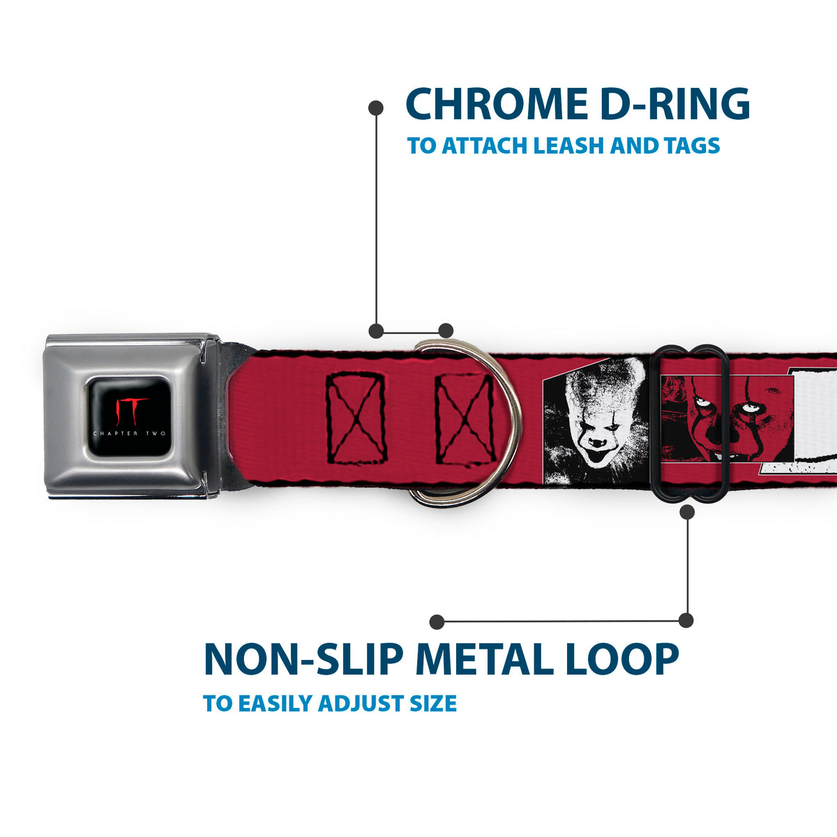 IT Title Logo Full Color Black/Red Seatbelt Buckle Collar - IT Pennywise Poses and Quotes Collage Red/White/Grays Dog Collars Seatbelt Buckle IT