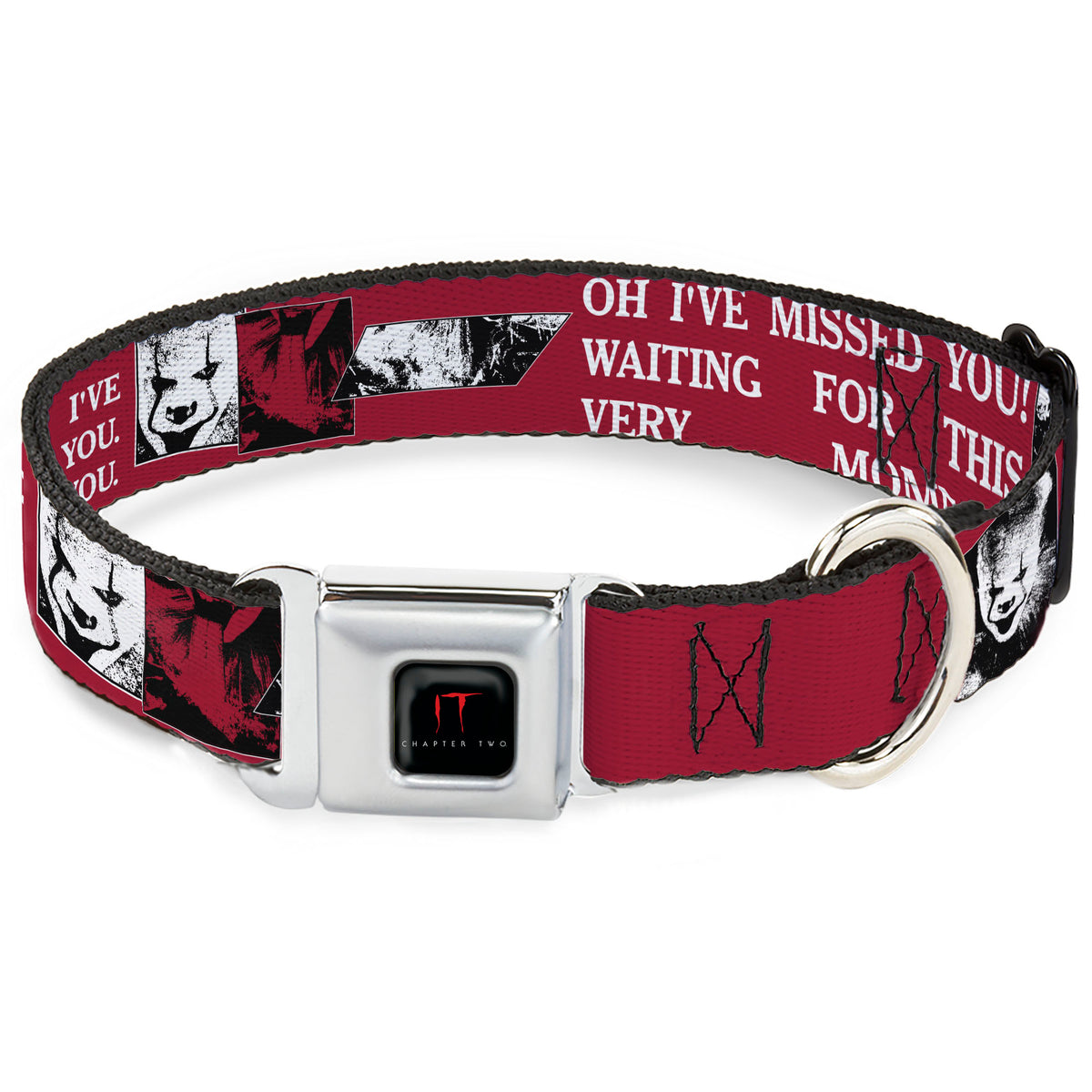 IT Title Logo Full Color Black/Red Seatbelt Buckle Collar - IT Pennywise Poses and Quotes Collage Red/White/Grays Dog Collars Seatbelt Buckle IT