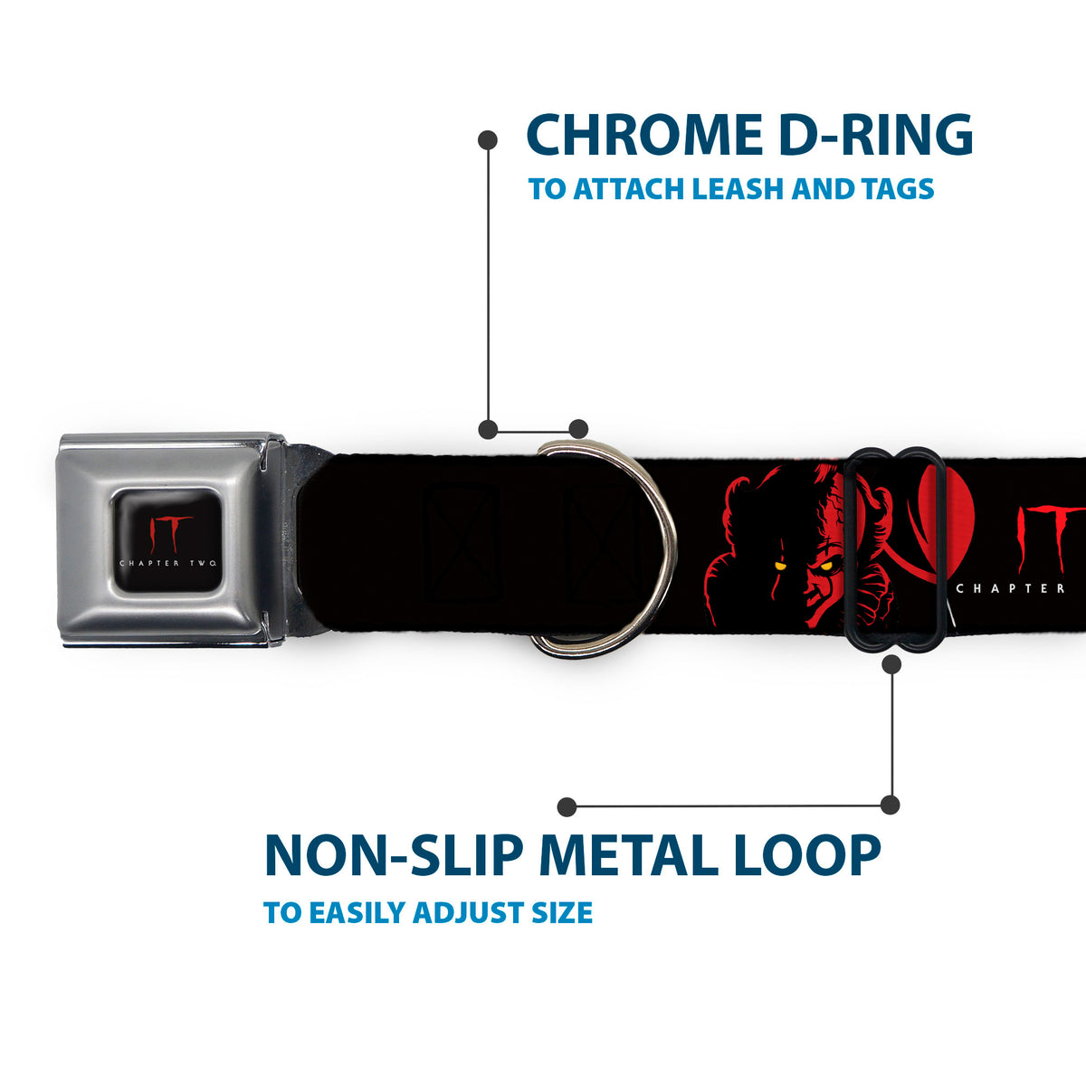 IT Title Logo Full Color Black/Red Seatbelt Buckle Collar - IT Pennywise Face COME BACK AND PLAY Black/Red/Gray Dog Collars Seatbelt Buckle IT
