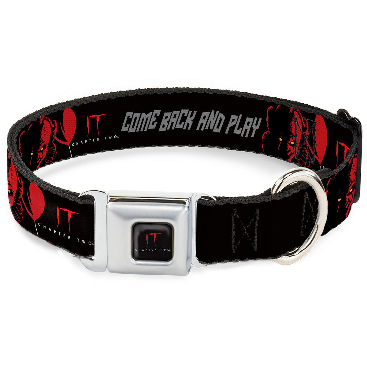 IT Title Logo Full Color Black/Red Seatbelt Buckle Collar - IT Pennywise Face COME BACK AND PLAY Black/Red/Gray Dog Collars Seatbelt Buckle IT