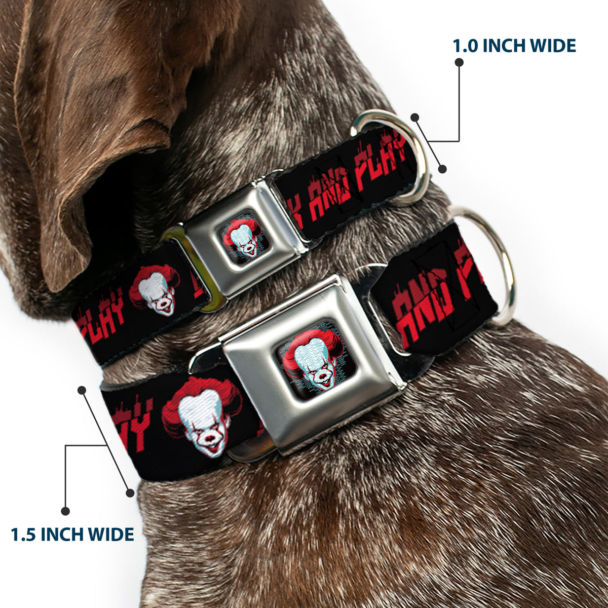 It Chapter Two Pennywise Face Full Color Black/Reds/Blues Seatbelt Buckle Collar - It Chapter Two Pennywise Face COME BACK AND PLAY Black/Reds Dog Collars Seatbelt Buckle IT