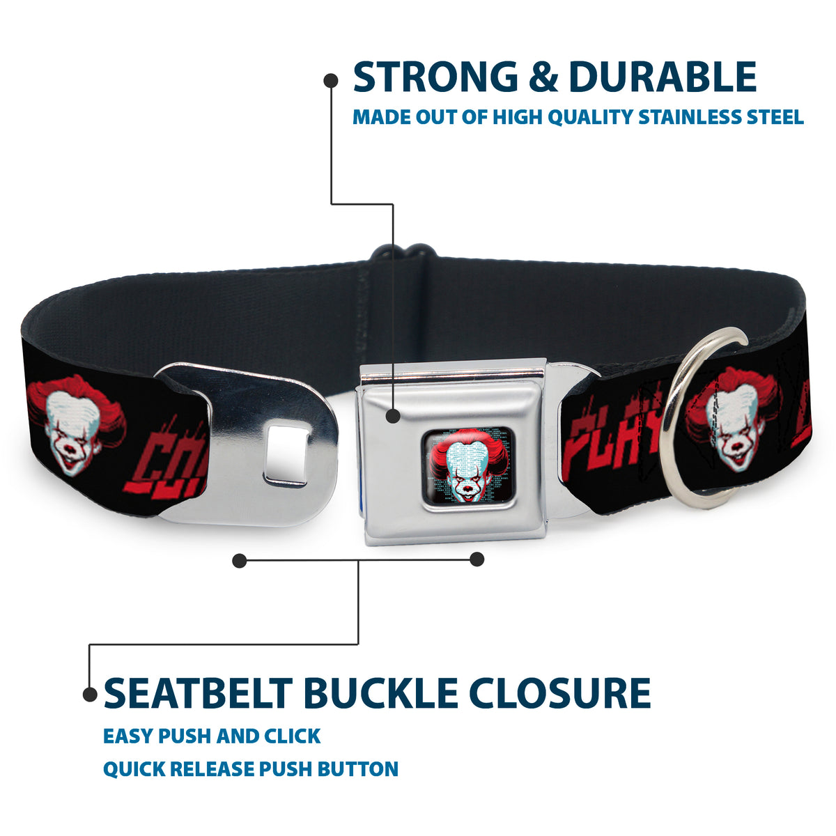 It Chapter Two Pennywise Face Full Color Black/Reds/Blues Seatbelt Buckle Collar - It Chapter Two Pennywise Face COME BACK AND PLAY Black/Reds Dog Collars Seatbelt Buckle IT