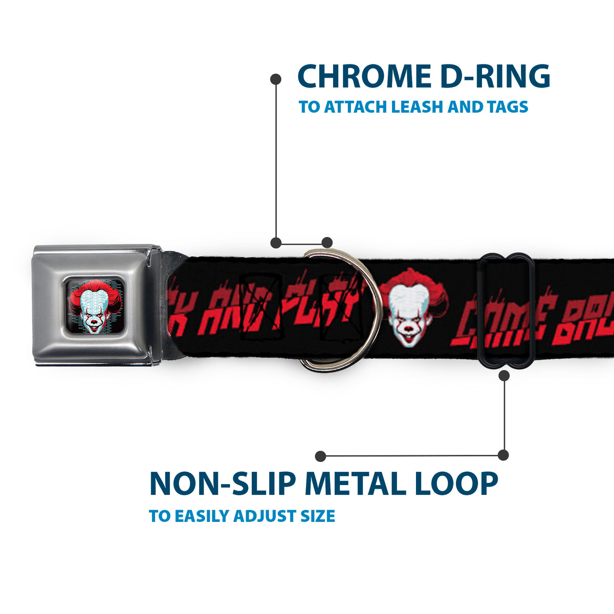 It Chapter Two Pennywise Face Full Color Black/Reds/Blues Seatbelt Buckle Collar - It Chapter Two Pennywise Face COME BACK AND PLAY Black/Reds Dog Collars Seatbelt Buckle IT