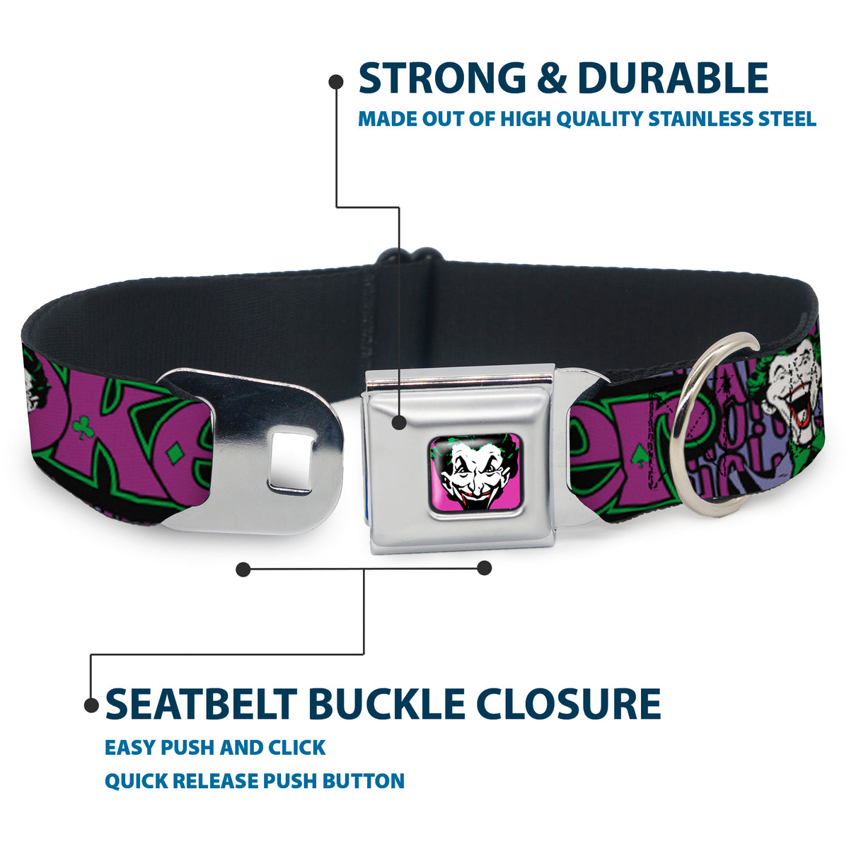 Dog Collar JKA-Joker Face - Joker Face/Logo/Spades Black/Green/Purple Dog Collars Seatbelt Buckle DC Comics
