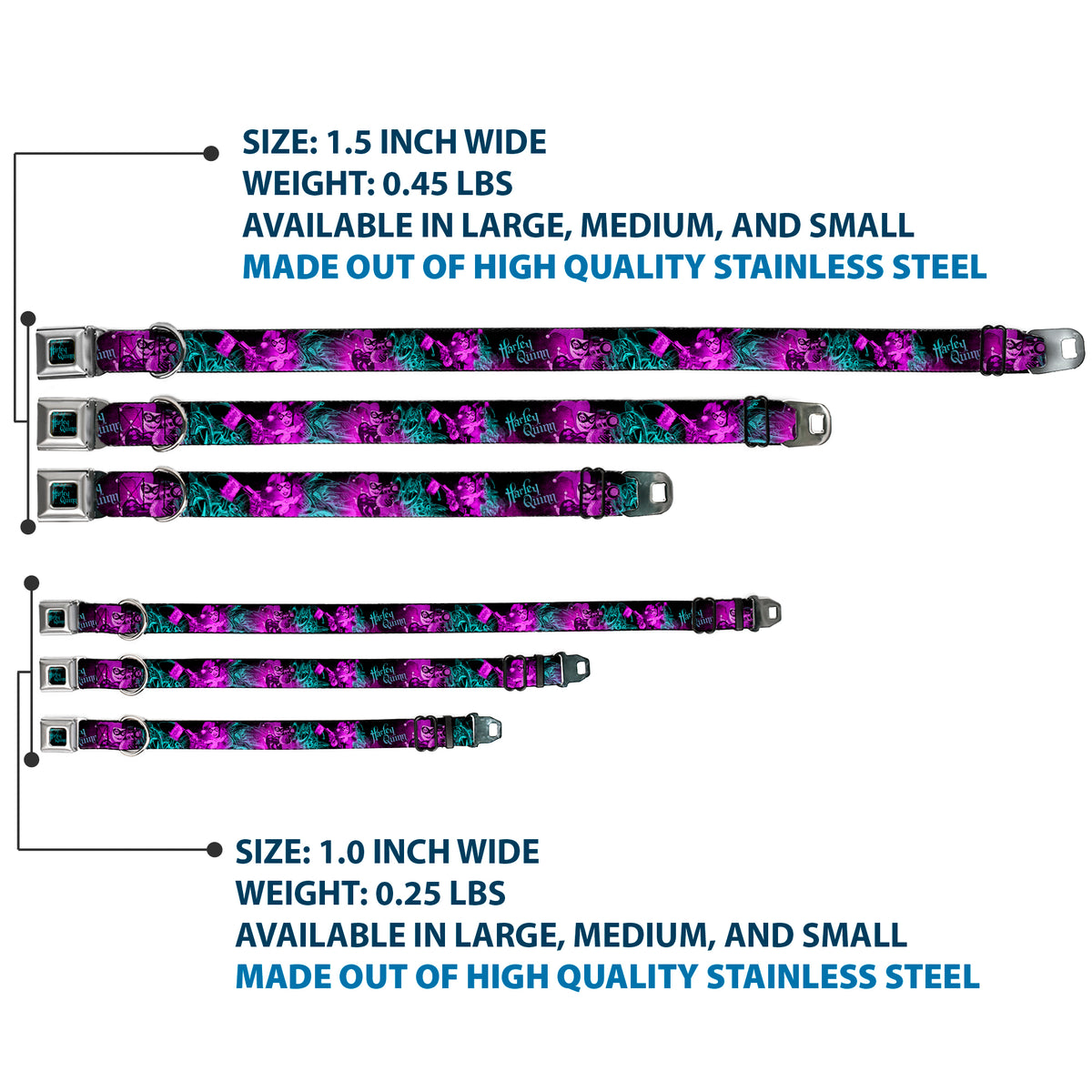 HARLEY QUINN Full Color Black Turquoise Seatbelt Buckle Collar - HARLEY QUINN Pow & Aiming Poses/Joker Sketch Black/Turquoise/Fuchsia Dog Collars Seatbelt Buckle DC Comics