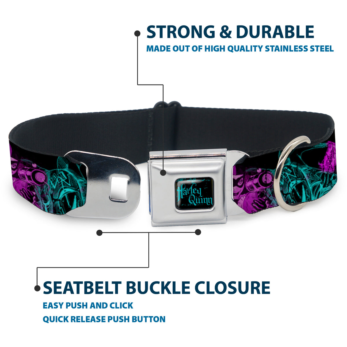 HARLEY QUINN Full Color Black Turquoise Seatbelt Buckle Collar - HARLEY QUINN Pow & Aiming Poses/Joker Sketch Black/Turquoise/Fuchsia Dog Collars Seatbelt Buckle DC Comics