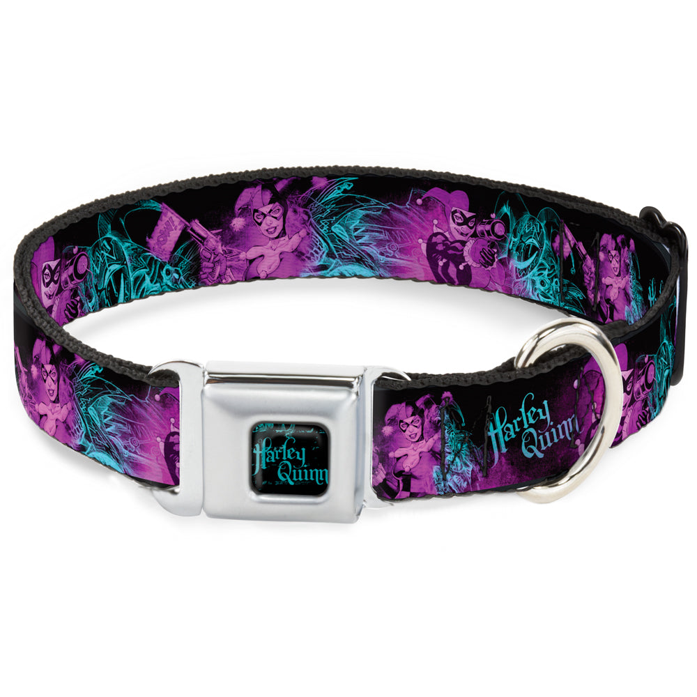HARLEY QUINN Full Color Black Turquoise Seatbelt Buckle Collar - HARLEY QUINN Pow & Aiming Poses/Joker Sketch Black/Turquoise/Fuchsia Dog Collars Seatbelt Buckle DC Comics