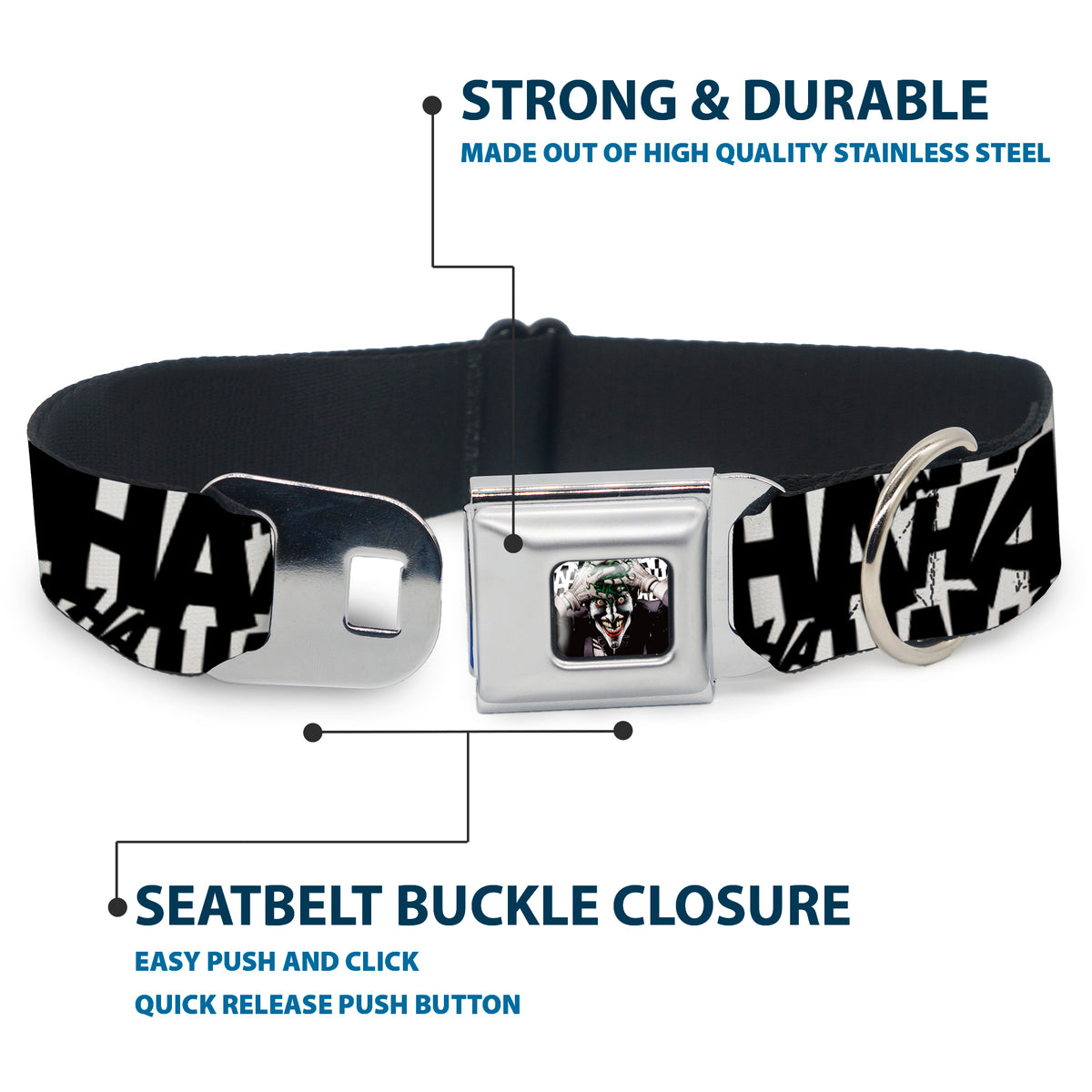 Joker The Killing Joke Holding Head Pose CLOSE-UP Full Color Seatbelt Buckle Collar - Joker's HA HA HA Repeat White/Black Dog Collars Seatbelt Buckle DC Comics