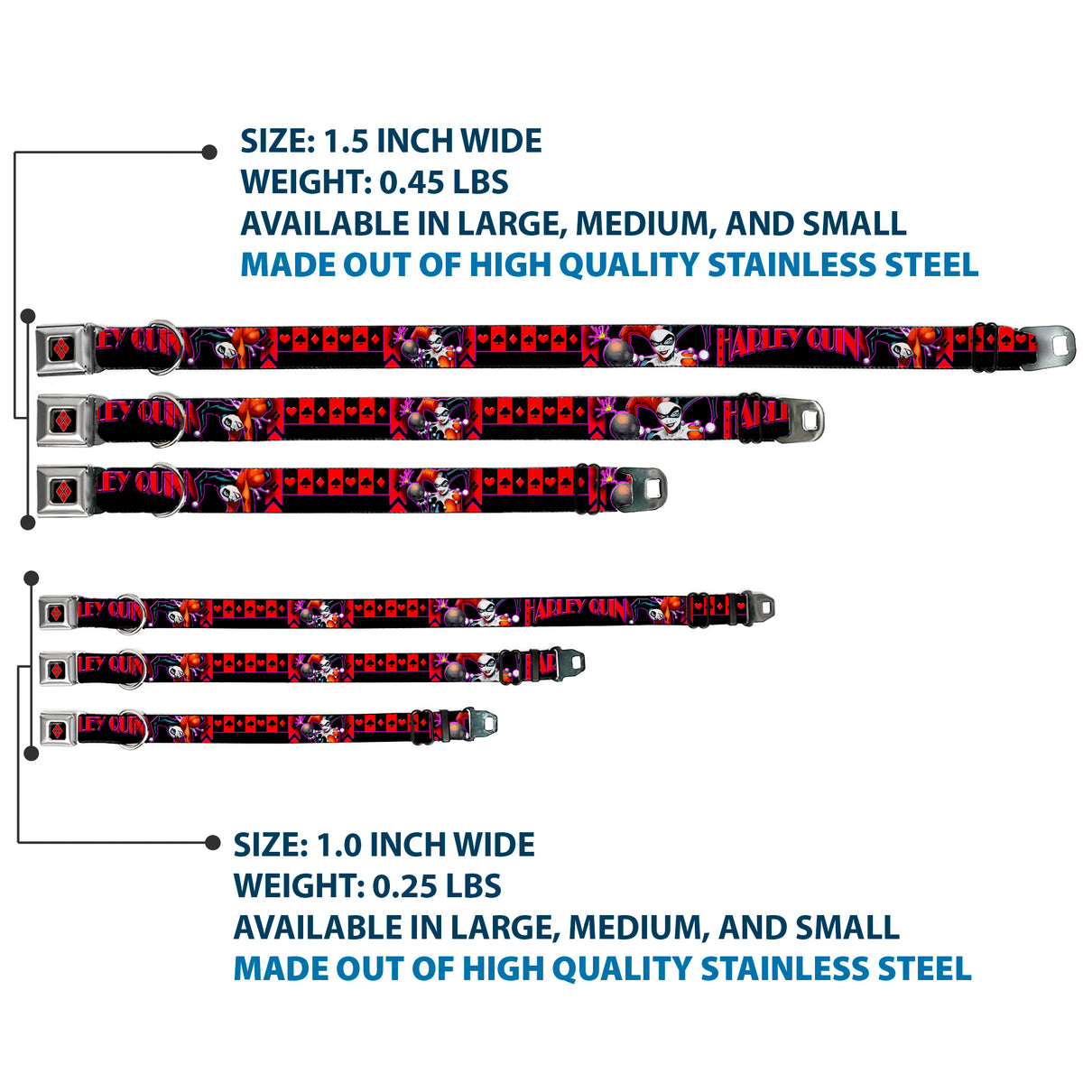 Harley Quinn Diamond Full Color Black Red Seatbelt Buckle Collar - HARLEY QUINN Bomb Poses/Suits Black/Purple/Red Dog Collars Seatbelt Buckle DC Comics