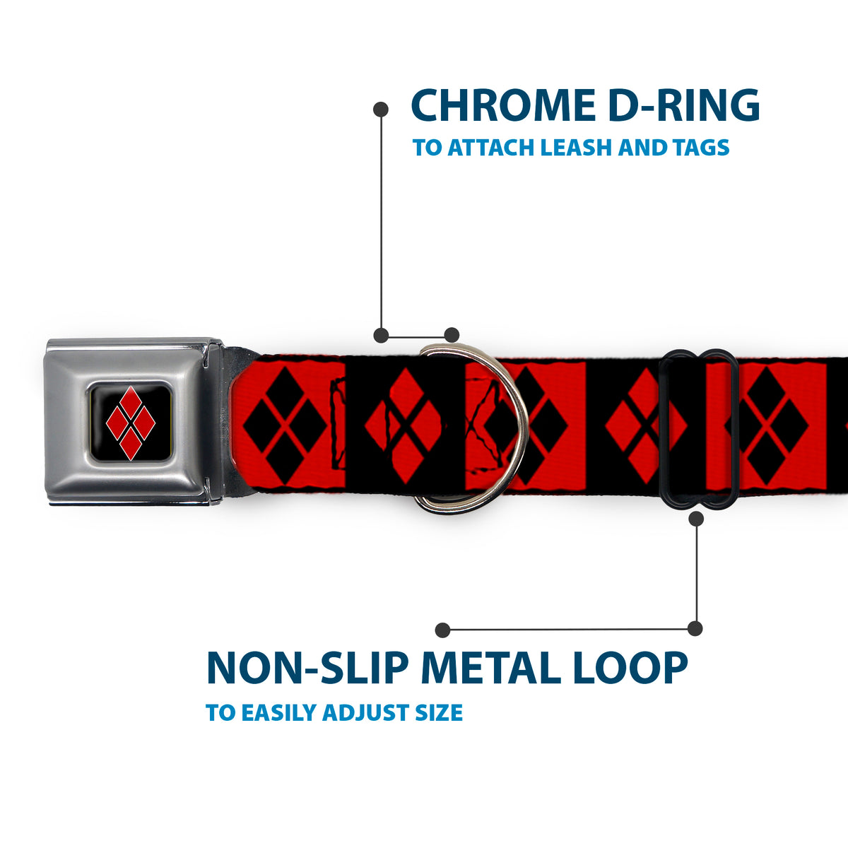 Harley Quinn Diamond Full Color Black Red Seatbelt Buckle Collar - Harley Quinn Diamond Blocks Red/Black Black/Red Dog Collars Seatbelt Buckle DC Comics