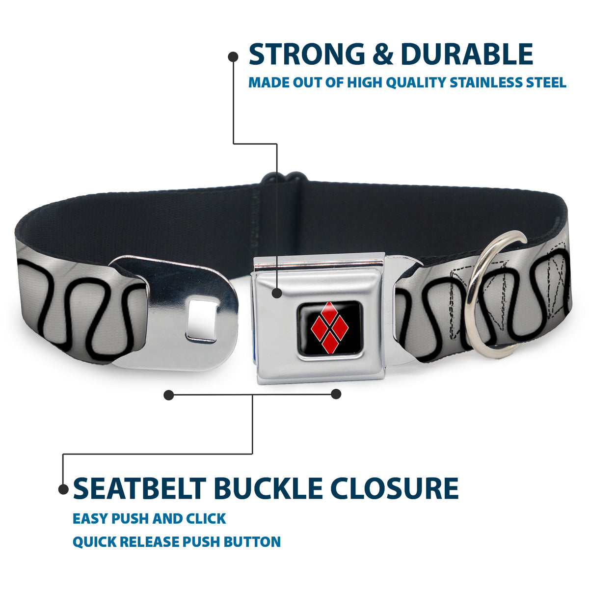 Harley Quinn Diamond Black/Red Seatbelt Buckle Collar - Harley Quinn's Collar Ruffle White/Black Dog Collars Seatbelt Buckle DC Comics