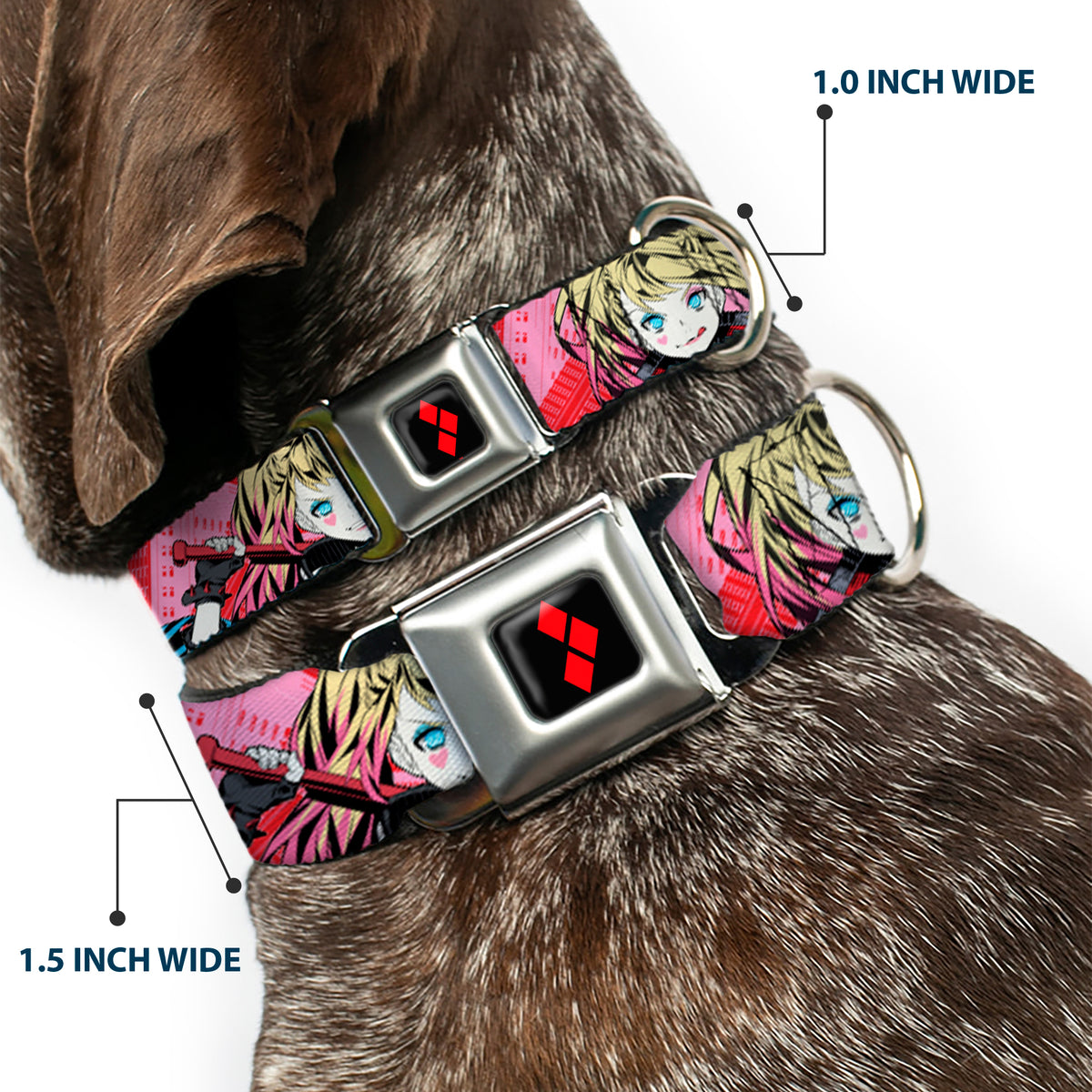 Harley Quinn Diamon Full Color Black/Red Seatbelt Buckle Collar - Harley Quinn Puddin Poses Anime Graphics Pink/Red Dog Collars Seatbelt Buckle DC Comics