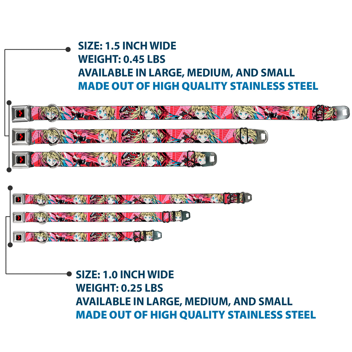 Harley Quinn Diamon Full Color Black/Red Seatbelt Buckle Collar - Harley Quinn Puddin Poses Anime Graphics Pink/Red Dog Collars Seatbelt Buckle DC Comics