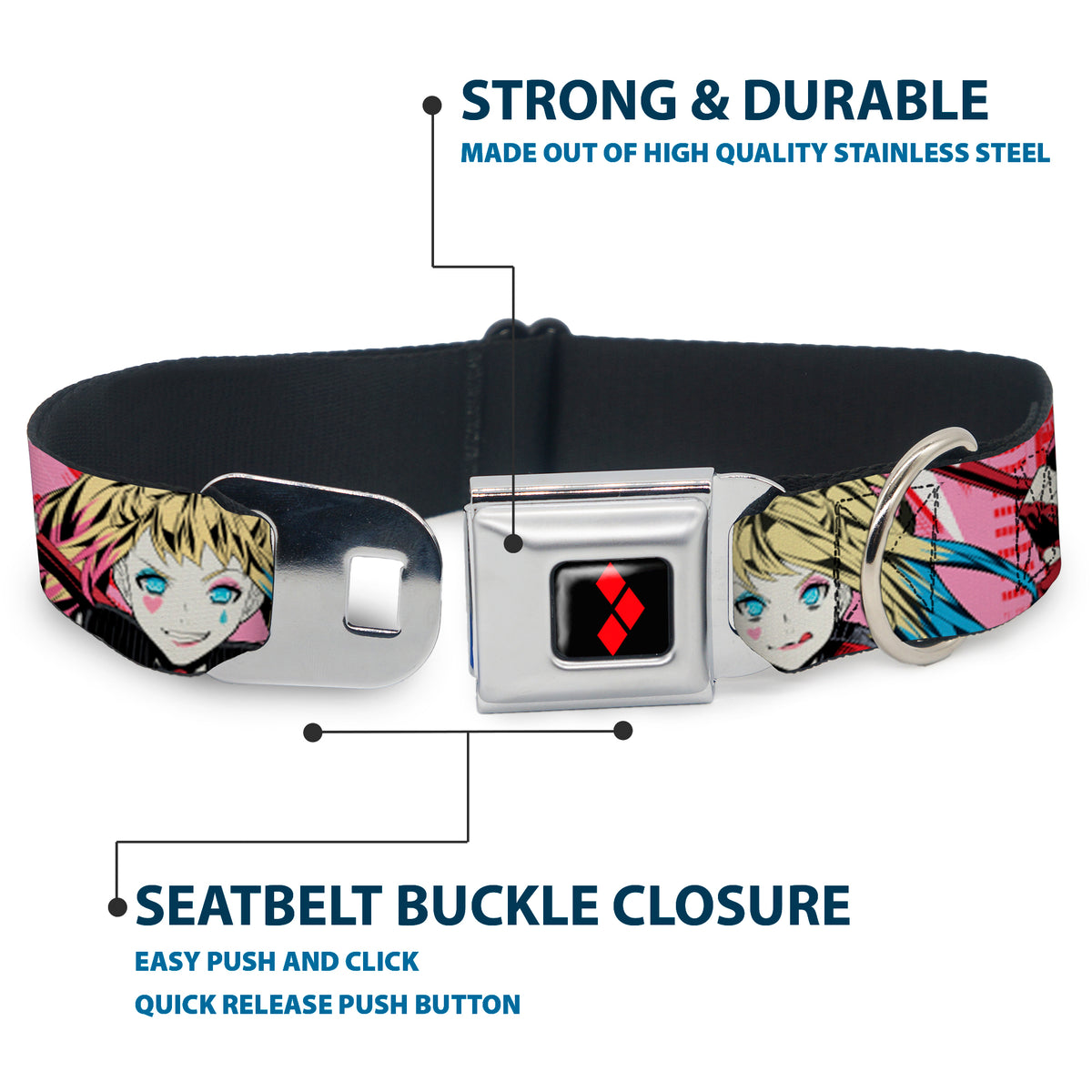 Harley Quinn Diamon Full Color Black/Red Seatbelt Buckle Collar - Harley Quinn Puddin Poses Anime Graphics Pink/Red Dog Collars Seatbelt Buckle DC Comics
