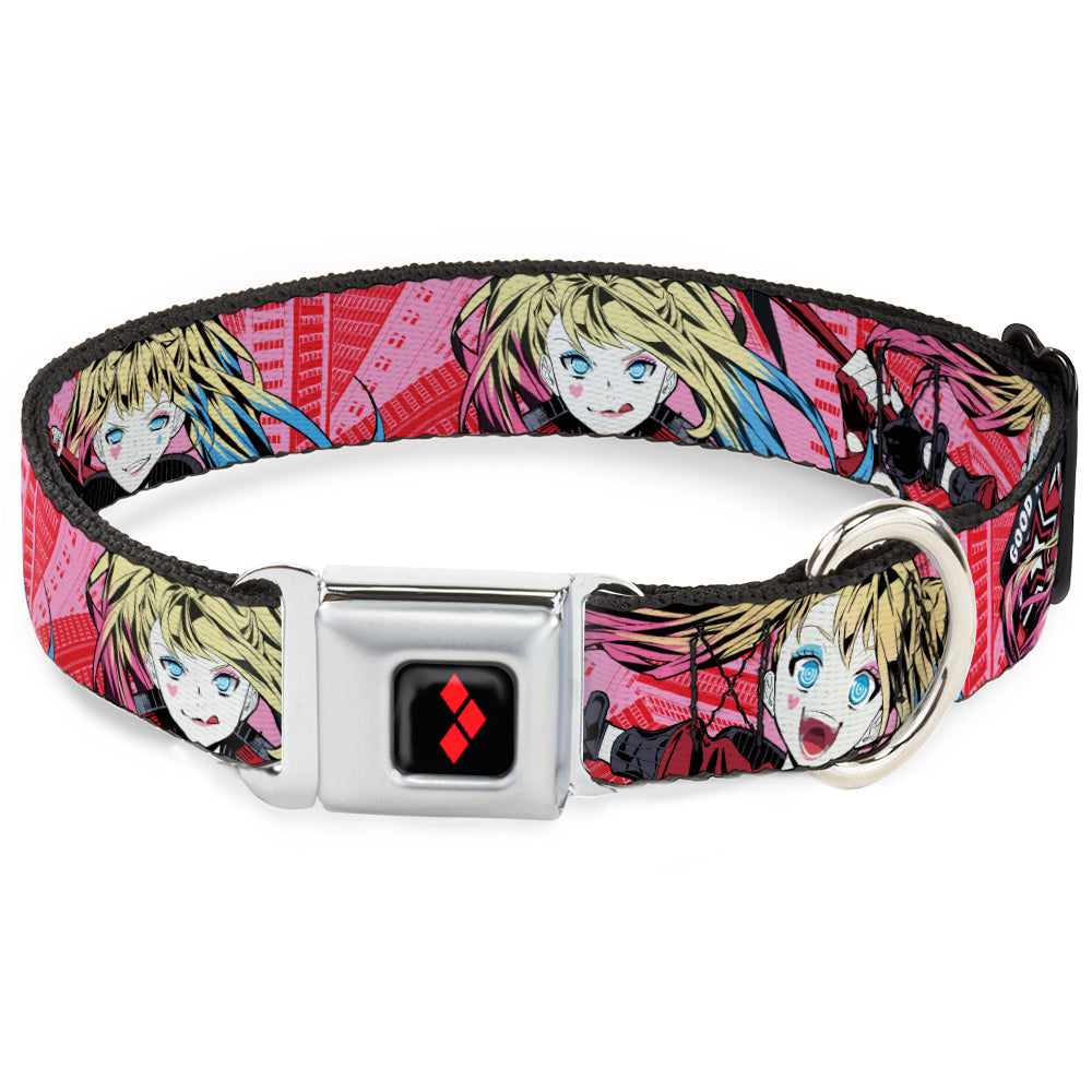Harley Quinn Diamon Full Color Black/Red Seatbelt Buckle Collar - Harley Quinn Puddin Poses Anime Graphics Pink/Red Dog Collars Seatbelt Buckle DC Comics