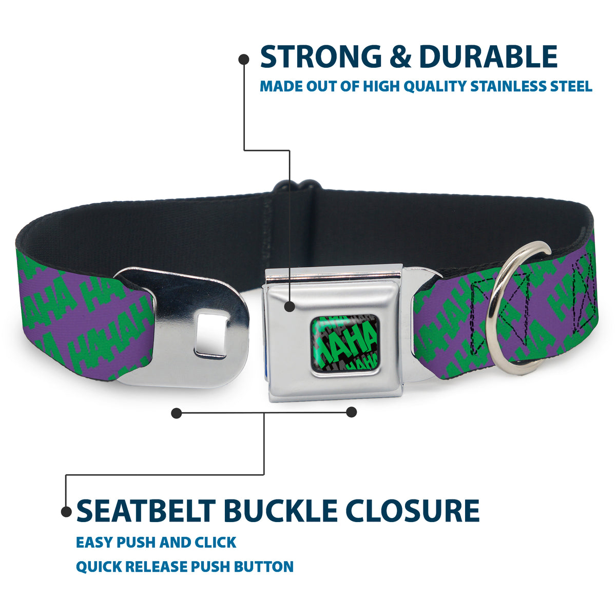 HAHA Stacked Full Color Black/Gray/Green Seatbelt Buckle Collar - Joker HAHAHA Purple/Green Dog Collars Seatbelt Buckle DC Comics