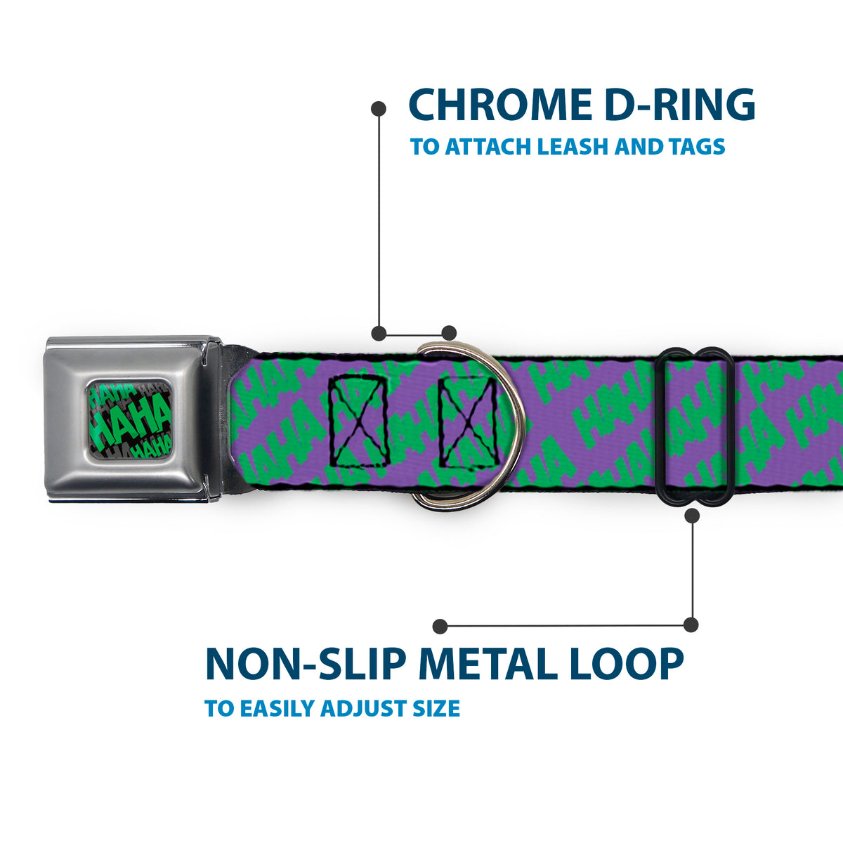 HAHA Stacked Full Color Black/Gray/Green Seatbelt Buckle Collar - Joker HAHAHA Purple/Green Dog Collars Seatbelt Buckle DC Comics