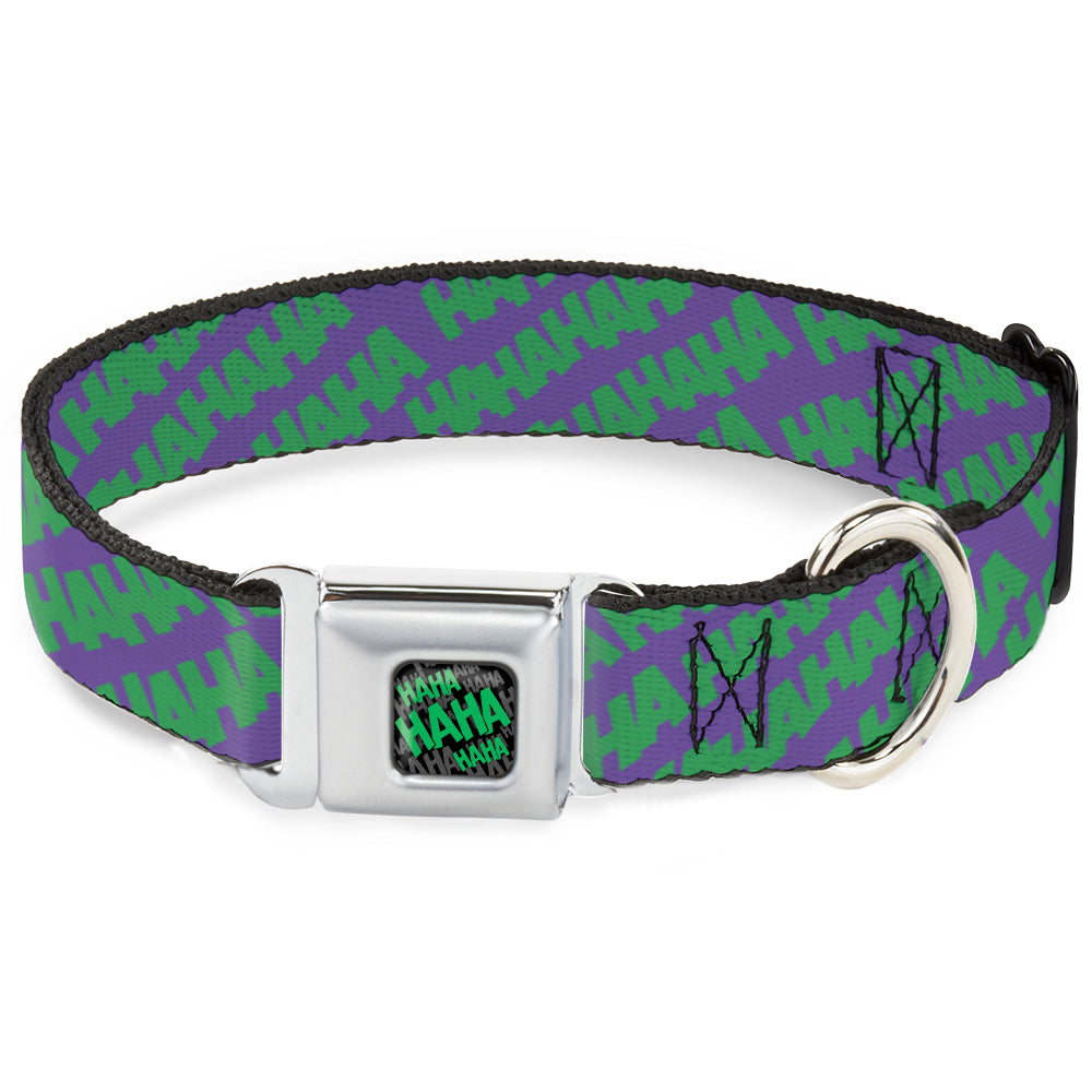 HAHA Stacked Full Color Black/Gray/Green Seatbelt Buckle Collar - Joker HAHAHA Purple/Green Dog Collars Seatbelt Buckle DC Comics