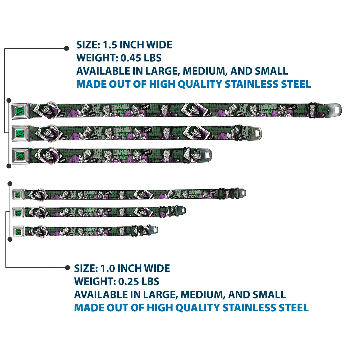 HAHA Stacked Full Color Black/Gray/Green Seatbelt Buckle Collar - The Joker 4-Poses/Joker Card HAHA/Smile/BANG! Grays/Greens/Purples Dog Collars Seatbelt Buckle DC Comics
