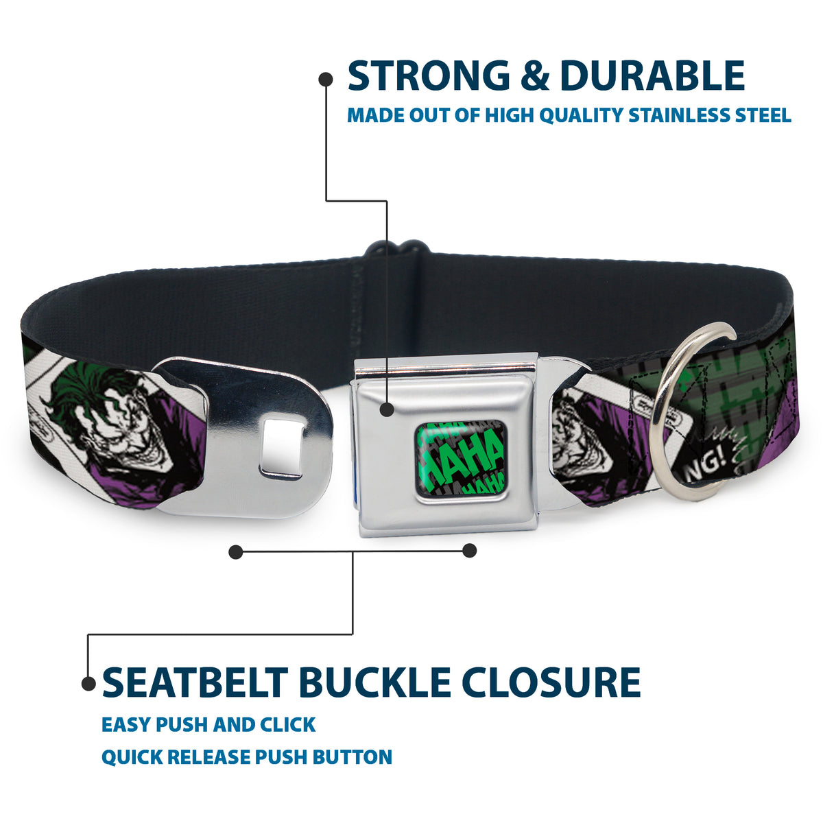 HAHA Stacked Full Color Black/Gray/Green Seatbelt Buckle Collar - The Joker 4-Poses/Joker Card HAHA/Smile/BANG! Grays/Greens/Purples Dog Collars Seatbelt Buckle DC Comics