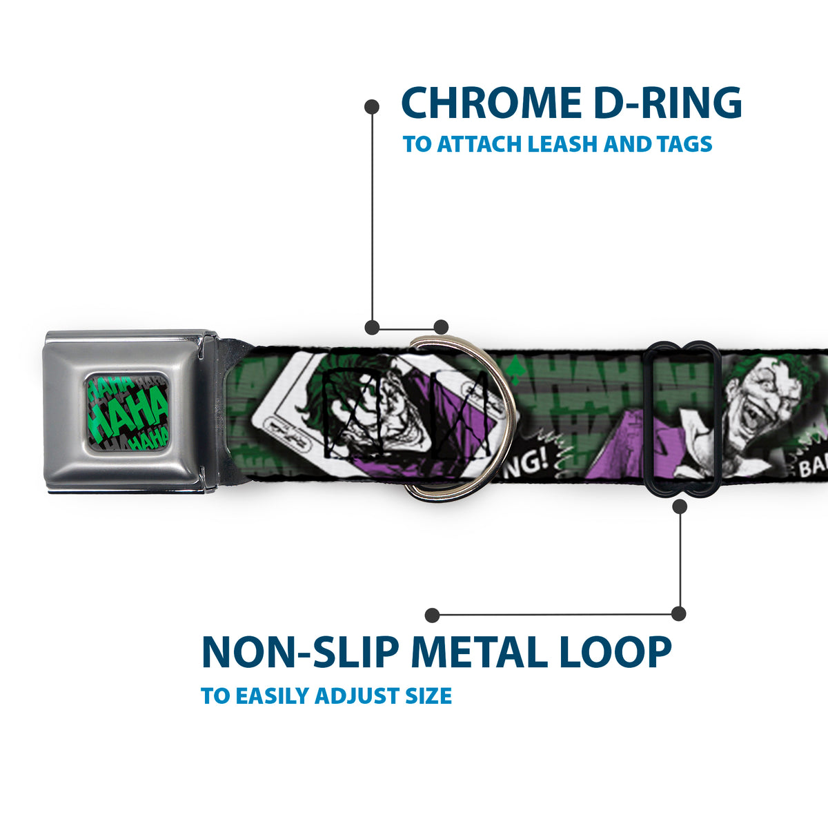 HAHA Stacked Full Color Black/Gray/Green Seatbelt Buckle Collar - The Joker 4-Poses/Joker Card HAHA/Smile/BANG! Grays/Greens/Purples Dog Collars Seatbelt Buckle DC Comics