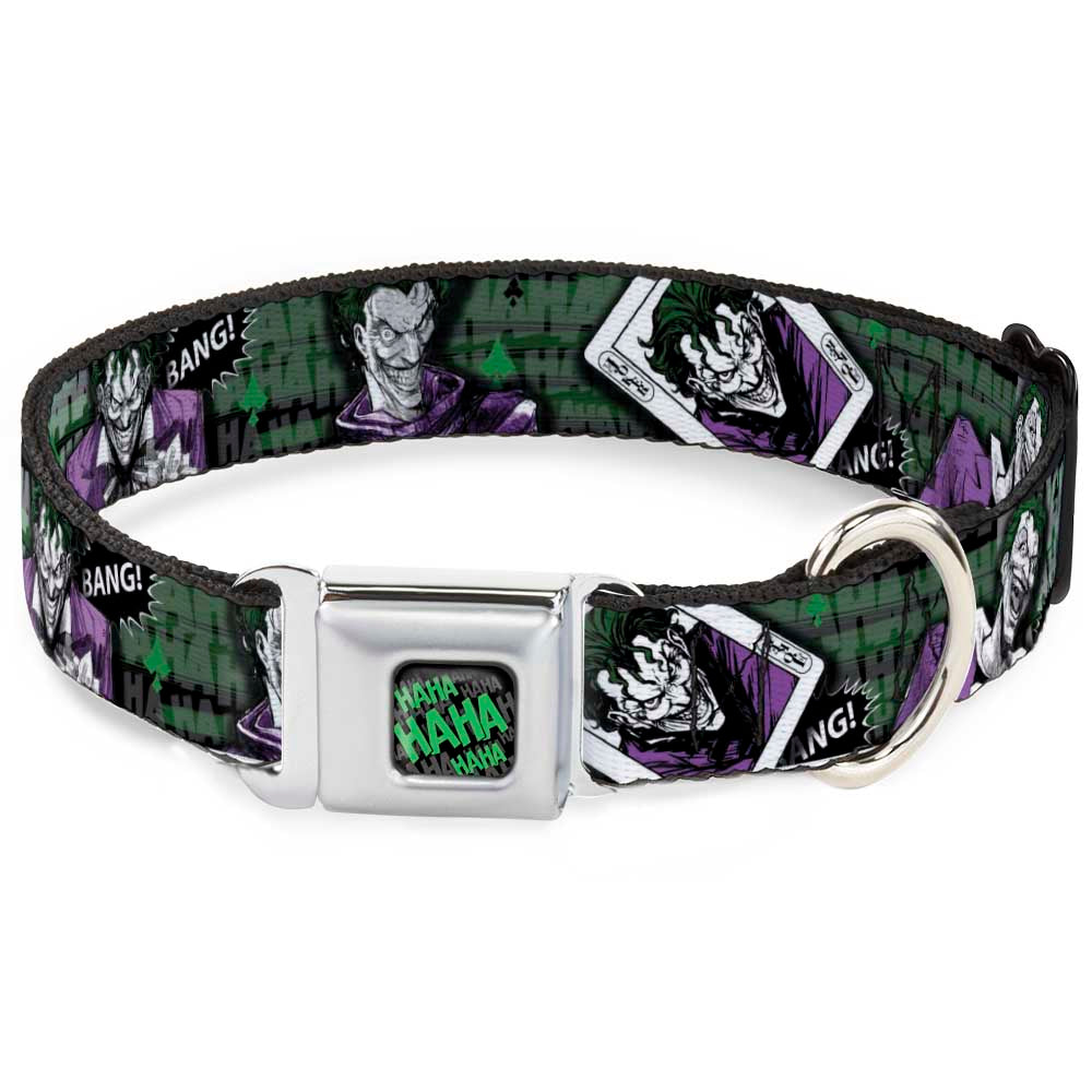 HAHA Stacked Full Color Black/Gray/Green Seatbelt Buckle Collar - The Joker 4-Poses/Joker Card HAHA/Smile/BANG! Grays/Greens/Purples Dog Collars Seatbelt Buckle DC Comics