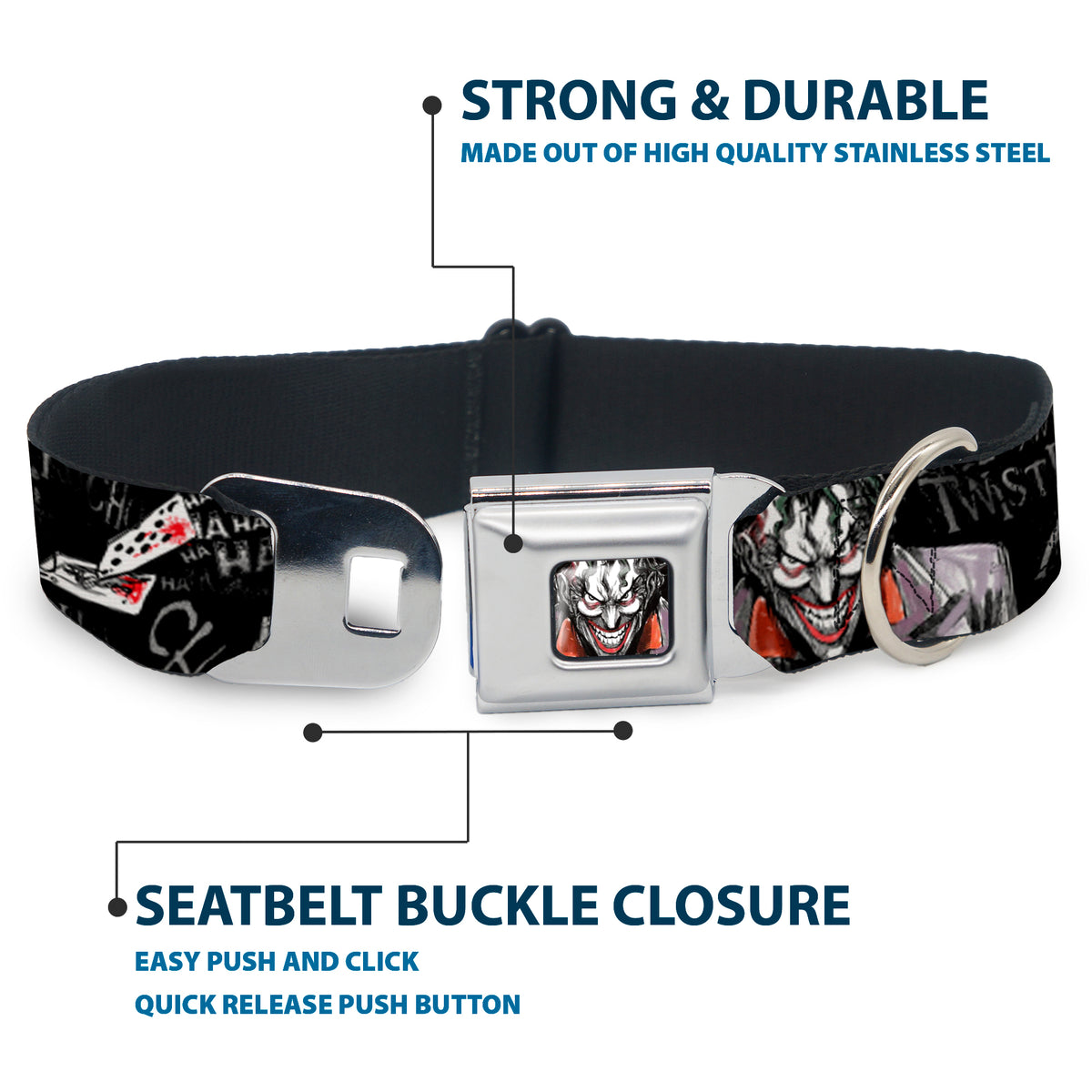 Joker Face Stare Seatbelt Buckle Collar - Joker BRILLIANTLY TWISTED PSYCHO 2-Poses/Cards Black/Grays Dog Collars Seatbelt Buckle DC Comics